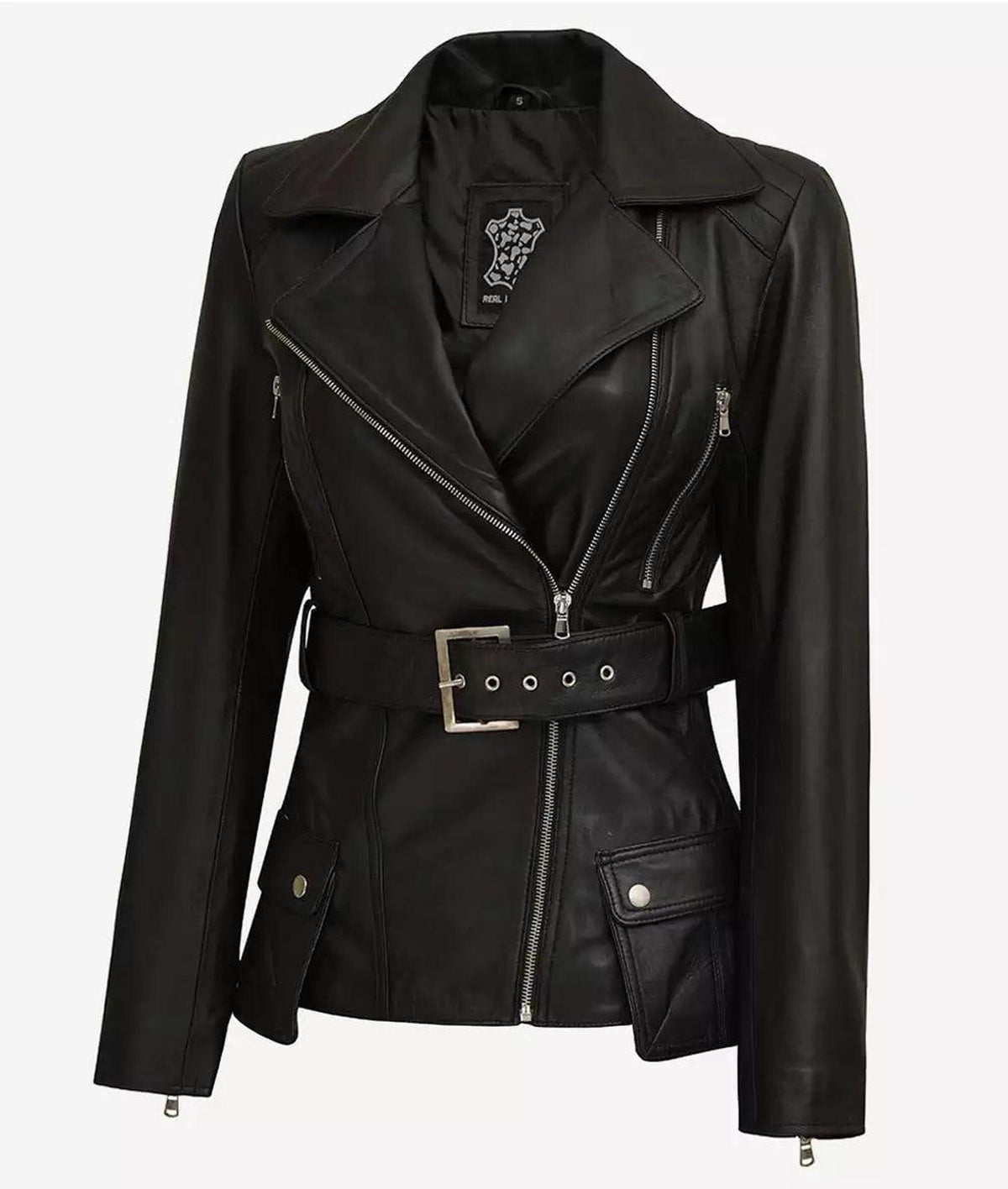 Women's Black Leather Biker Jacket with Belt - Lambskin-Leather Jackets-Glompi-Glompi