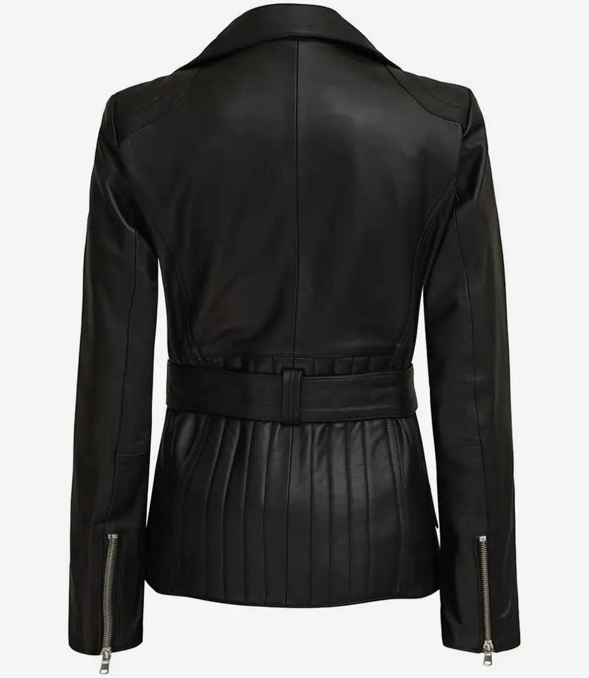 Women's Black Leather Biker Jacket with Belt - Lambskin-Leather Jackets-Glompi-Glompi