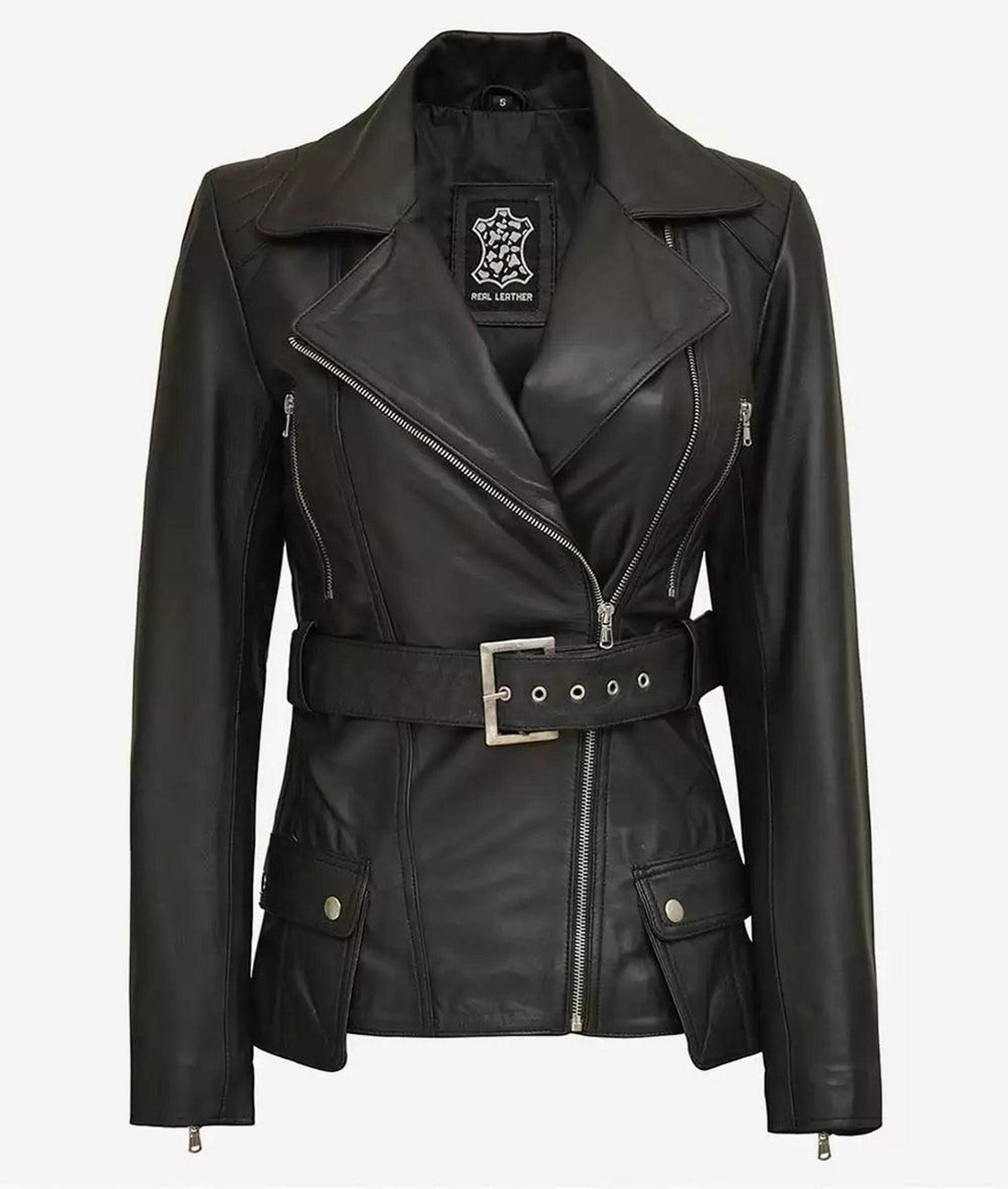 Asymmetrical Black Leather Biker Jacket with Belt 2