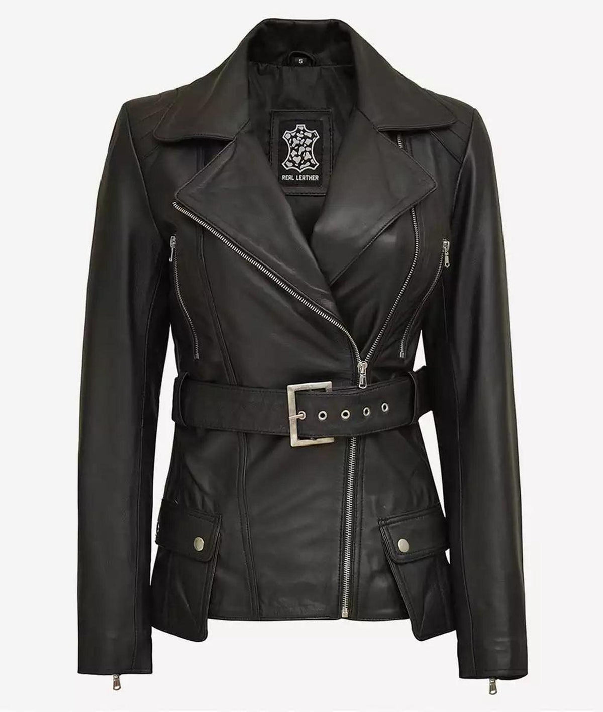 Asymmetrical Black Leather Biker Jacket with Belt 2