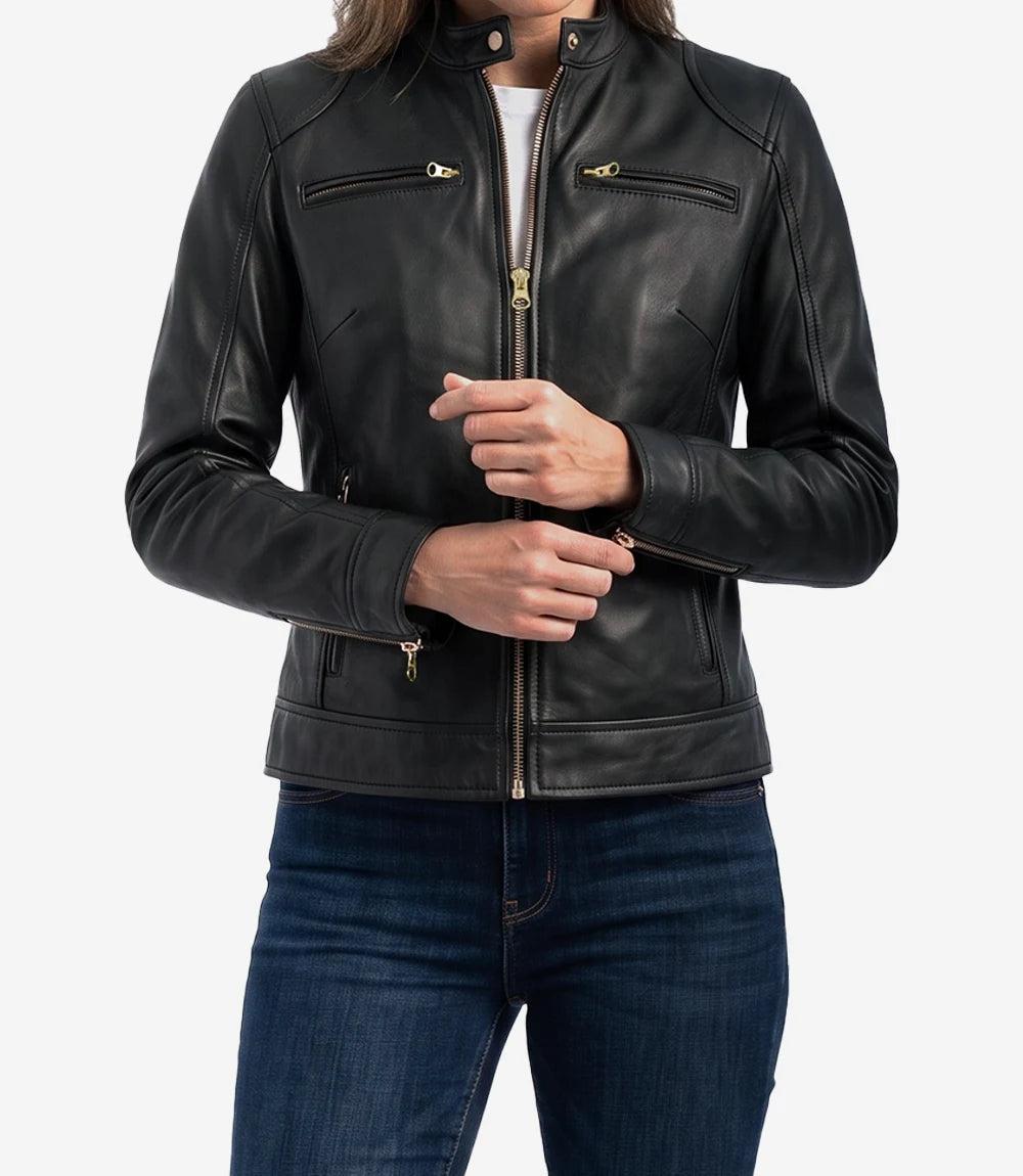 Women's Black Leather Biker Jacket with Gold Accents-Leather Jackets-Glompi-XS-Glompi