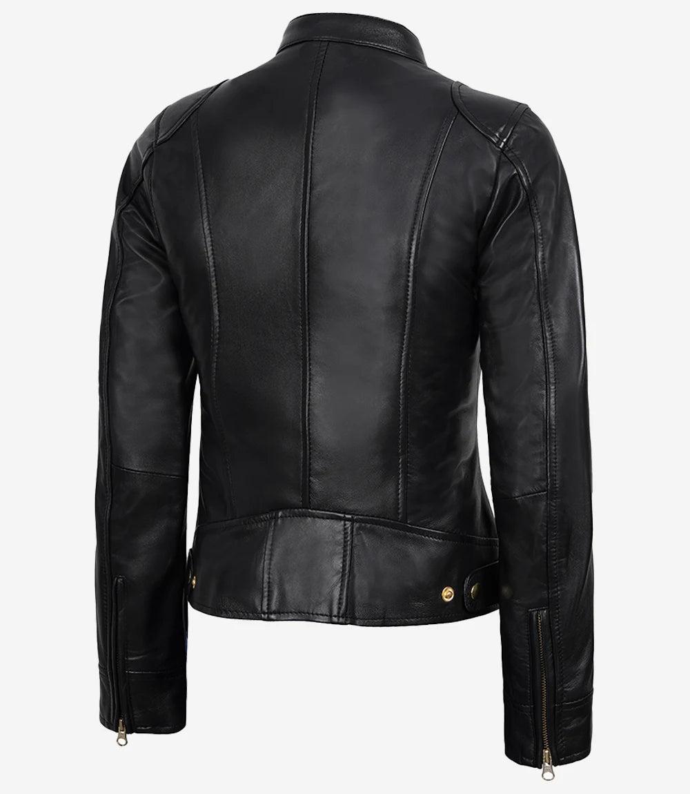 Women's Black Leather Biker Jacket with Gold Accents-Leather Jackets-Glompi-Glompi