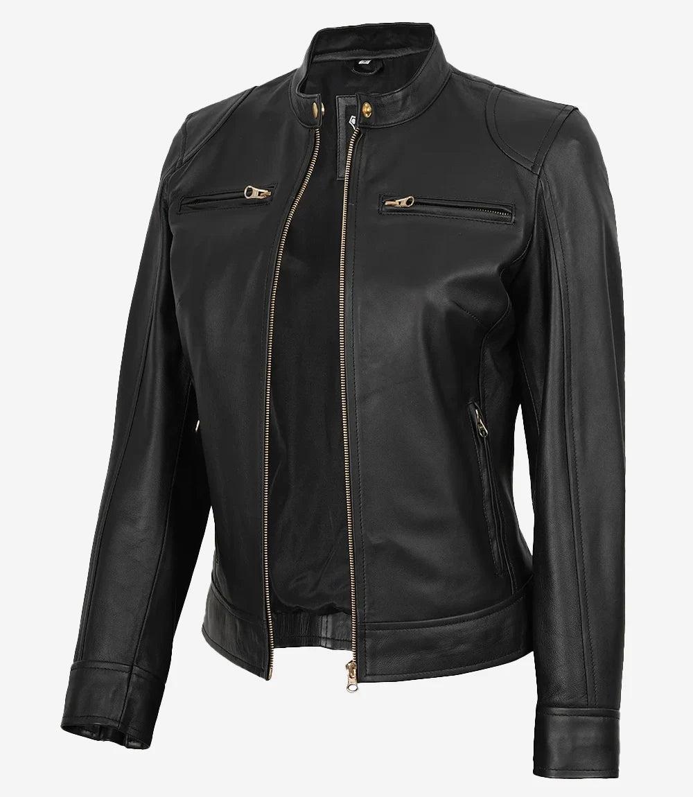 Women's Black Leather Biker Jacket with Gold Accents-Leather Jackets-Glompi-XS-Glompi