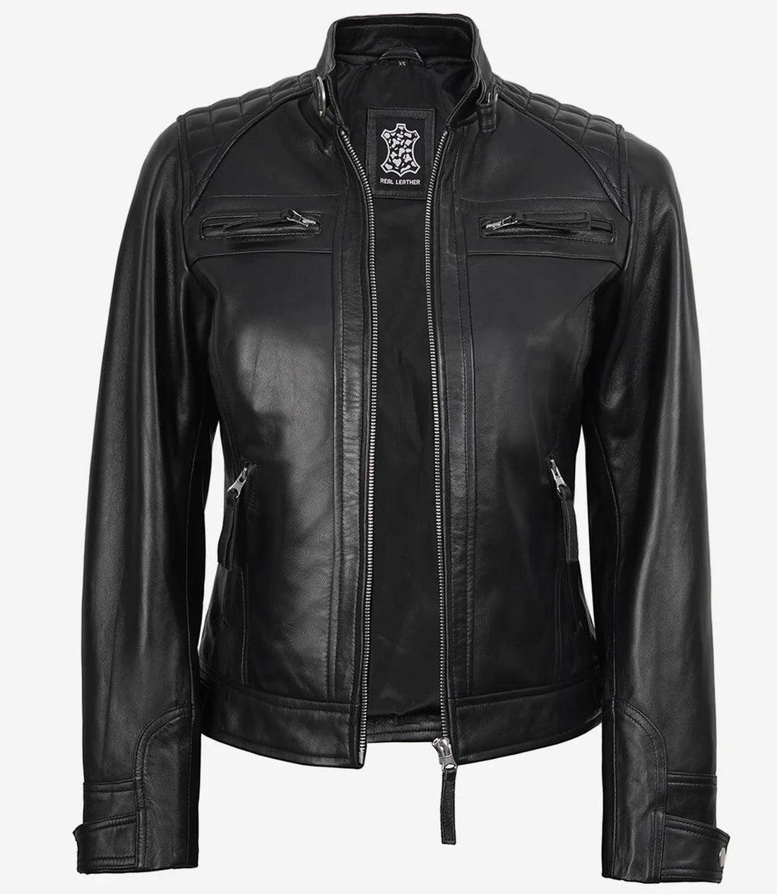 Women's Black Leather Biker Jacket with Quilted Shoulders 2