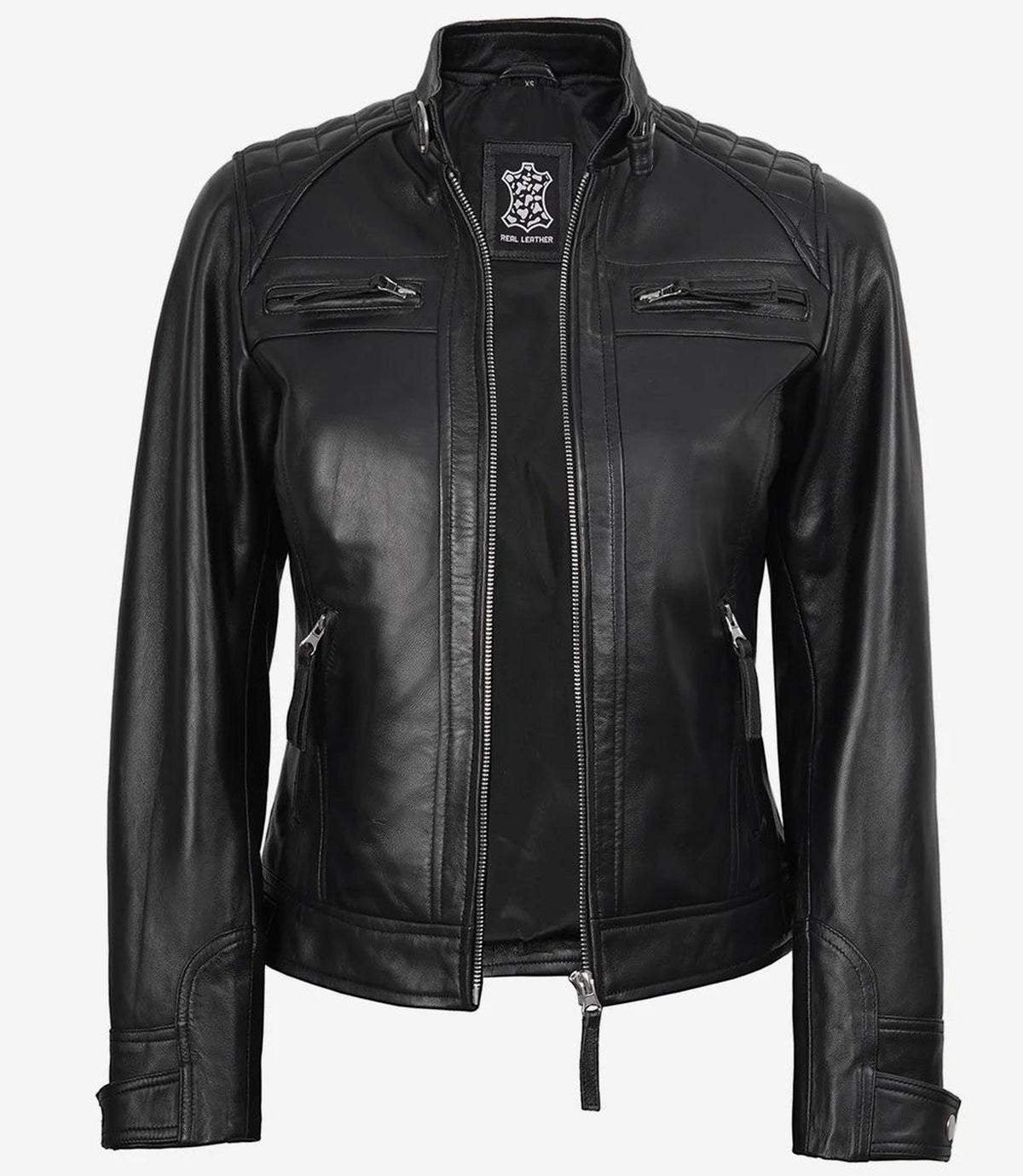 Women's Black Leather Biker Jacket with Quilted Shoulders-Leather Jackets-Glompi-Glompi