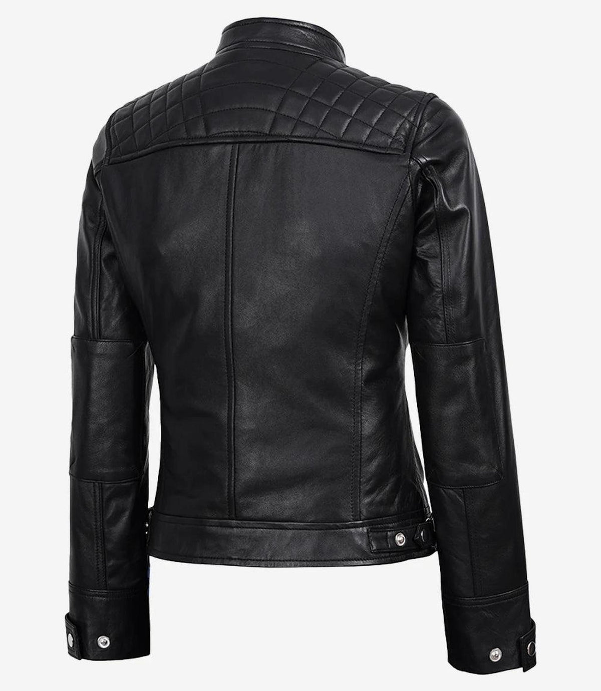 Women's Black Leather Biker Jacket with Quilted Shoulders 3