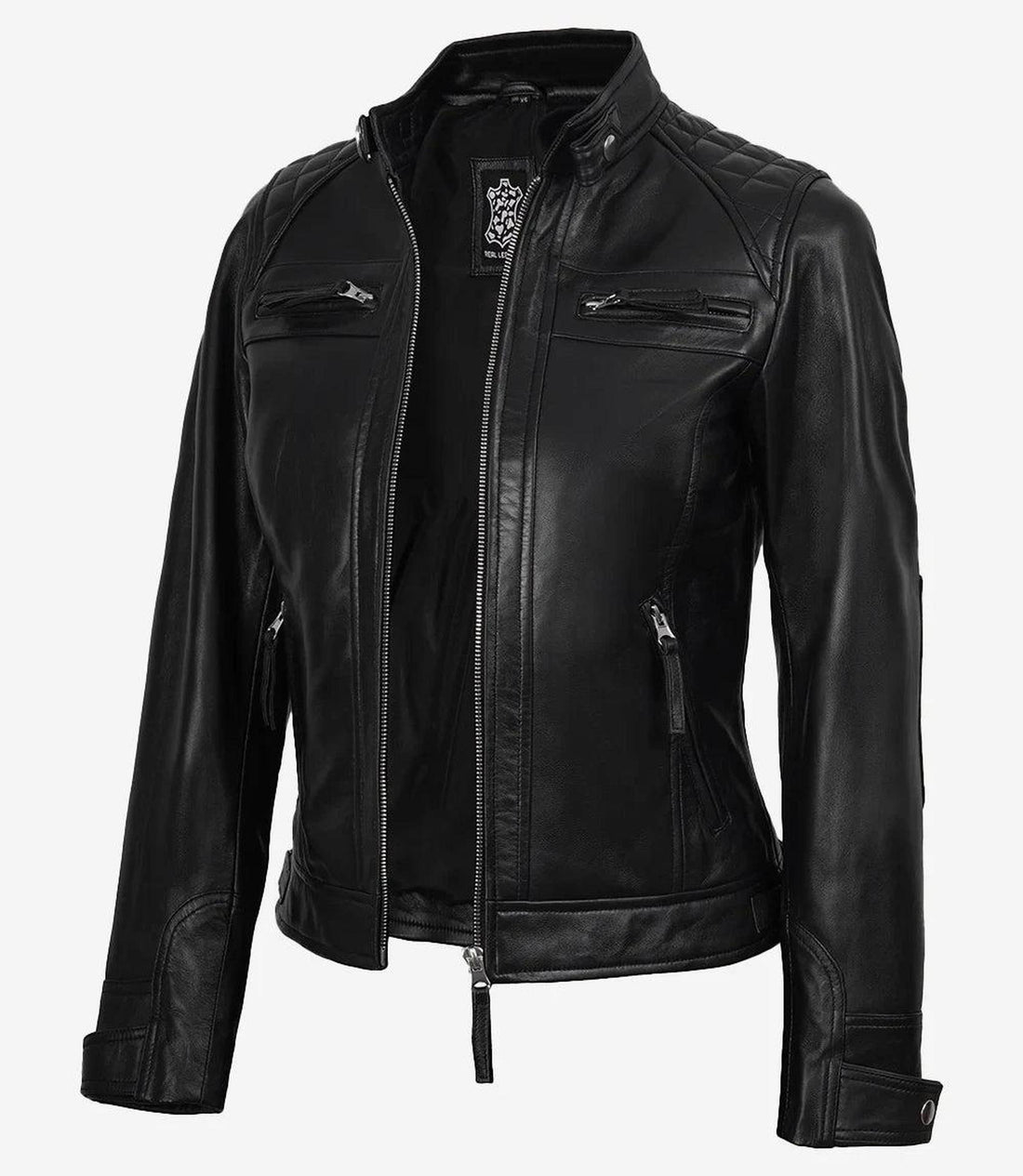 Women's Black Leather Biker Jacket with Quilted Shoulders 2