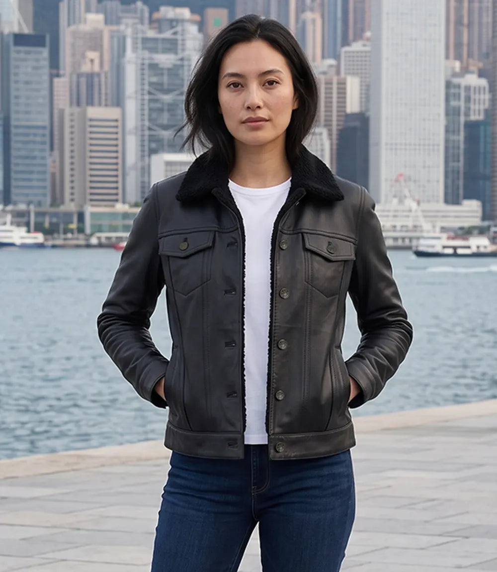 Womens Black Leather Jacket with Faux Sherpa Lining-Leather Jackets-Glompi-XS-Glompi
