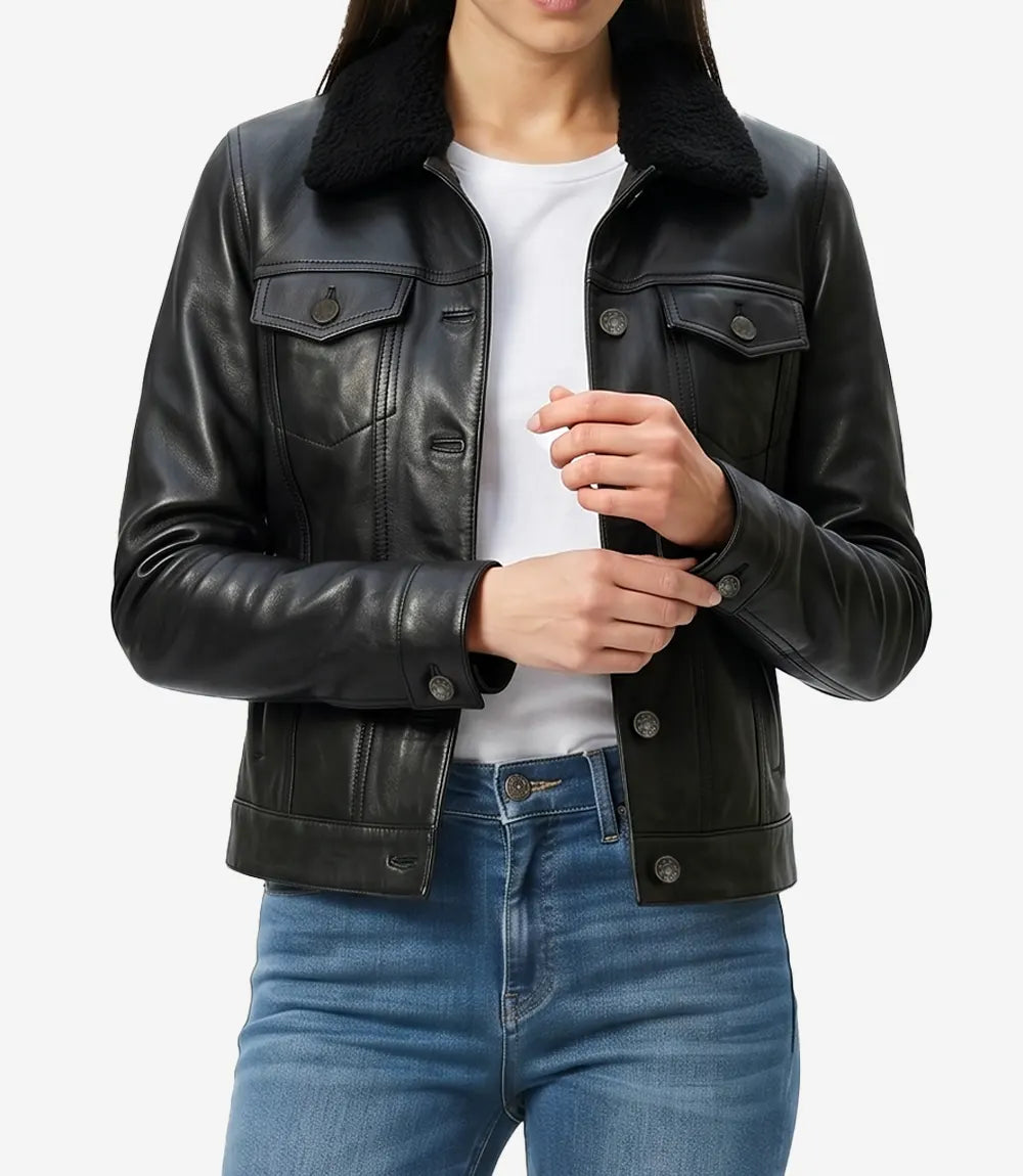 Womens Black Leather Jacket with Faux Sherpa Lining-Leather Jackets-Glompi-Glompi