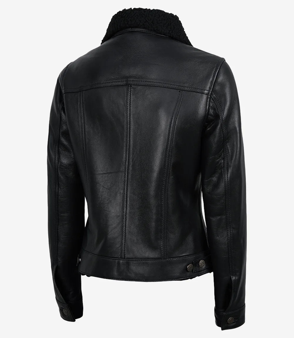 Womens Black Leather Jacket with Faux Sherpa Lining-Leather Jackets-Glompi-Glompi
