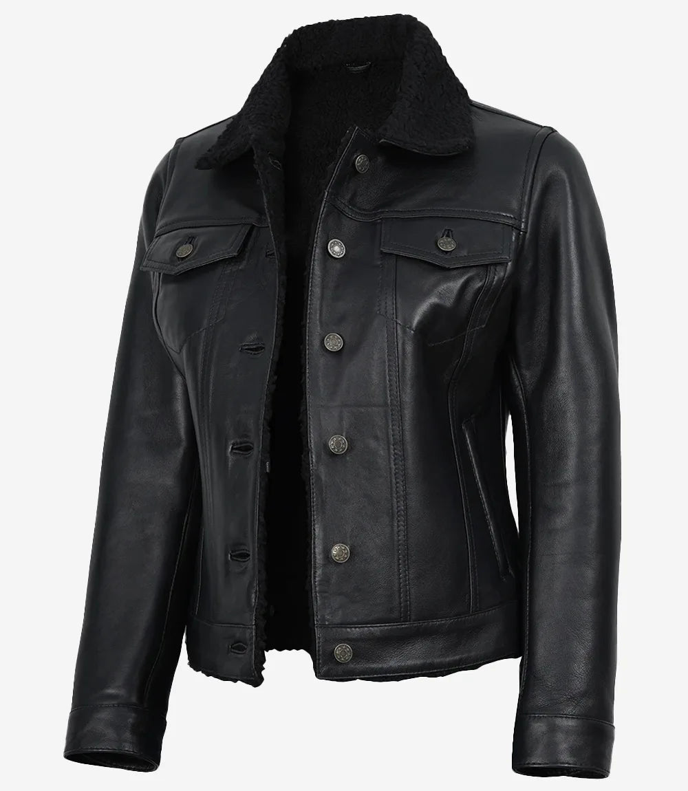 Womens Black Leather Jacket with Faux Sherpa Lining-Leather Jackets-Glompi-XS-Glompi