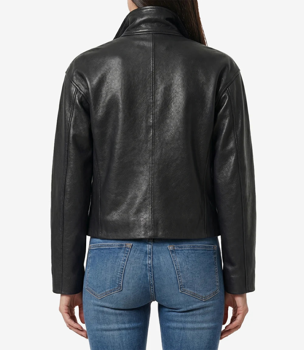 Women's Black Leather Jacket with Funnel Neck Design-Leather Jackets-Glompi-Glompi