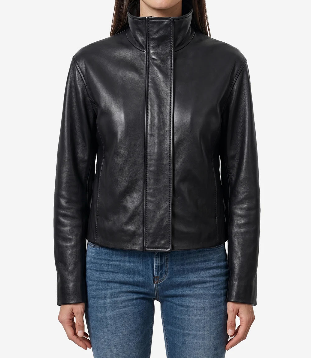 Women's Black Leather Jacket with Funnel Neck Design-Leather Jackets-Glompi-Glompi