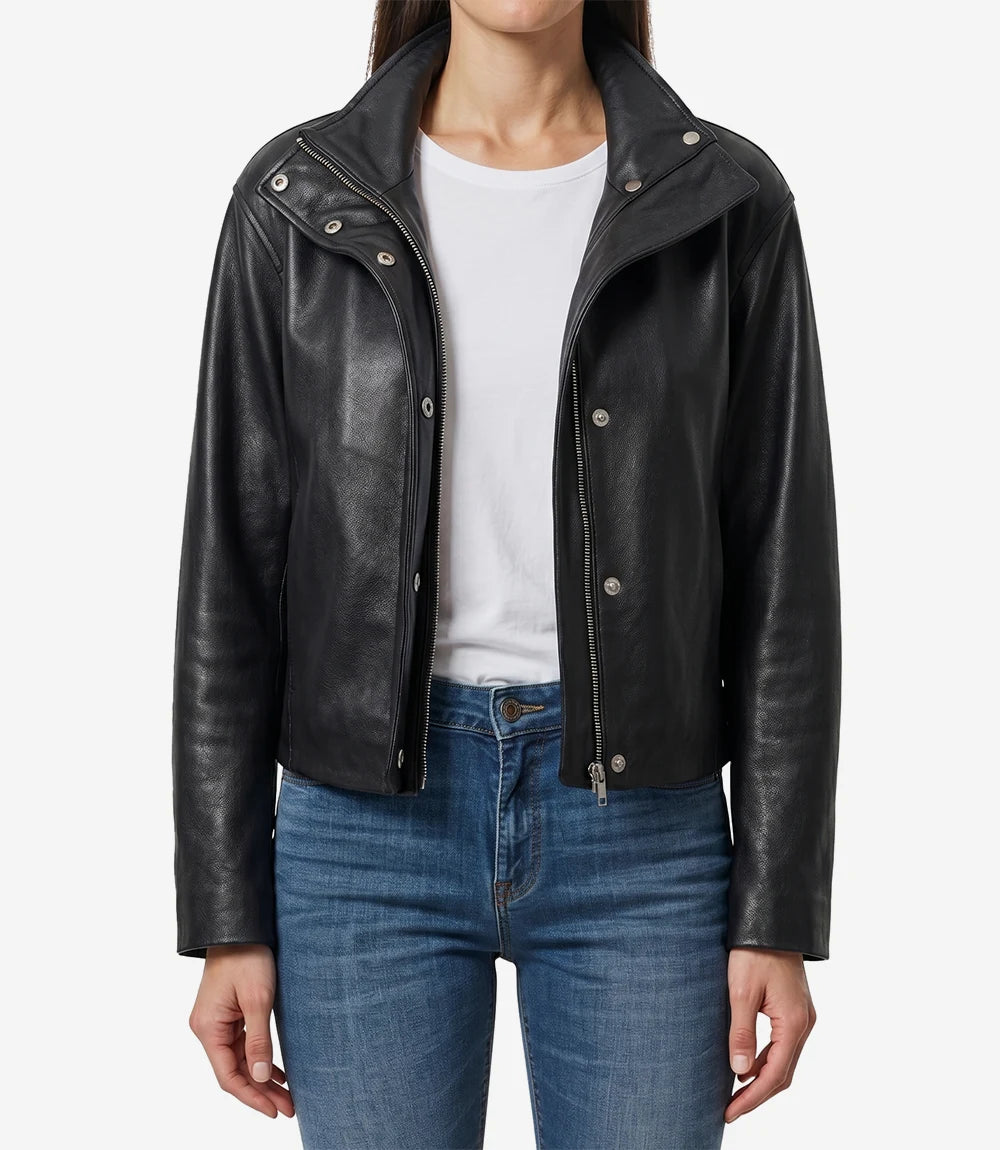 Women's Black Leather Jacket with Funnel Neck Design-Leather Jackets-Glompi-Glompi