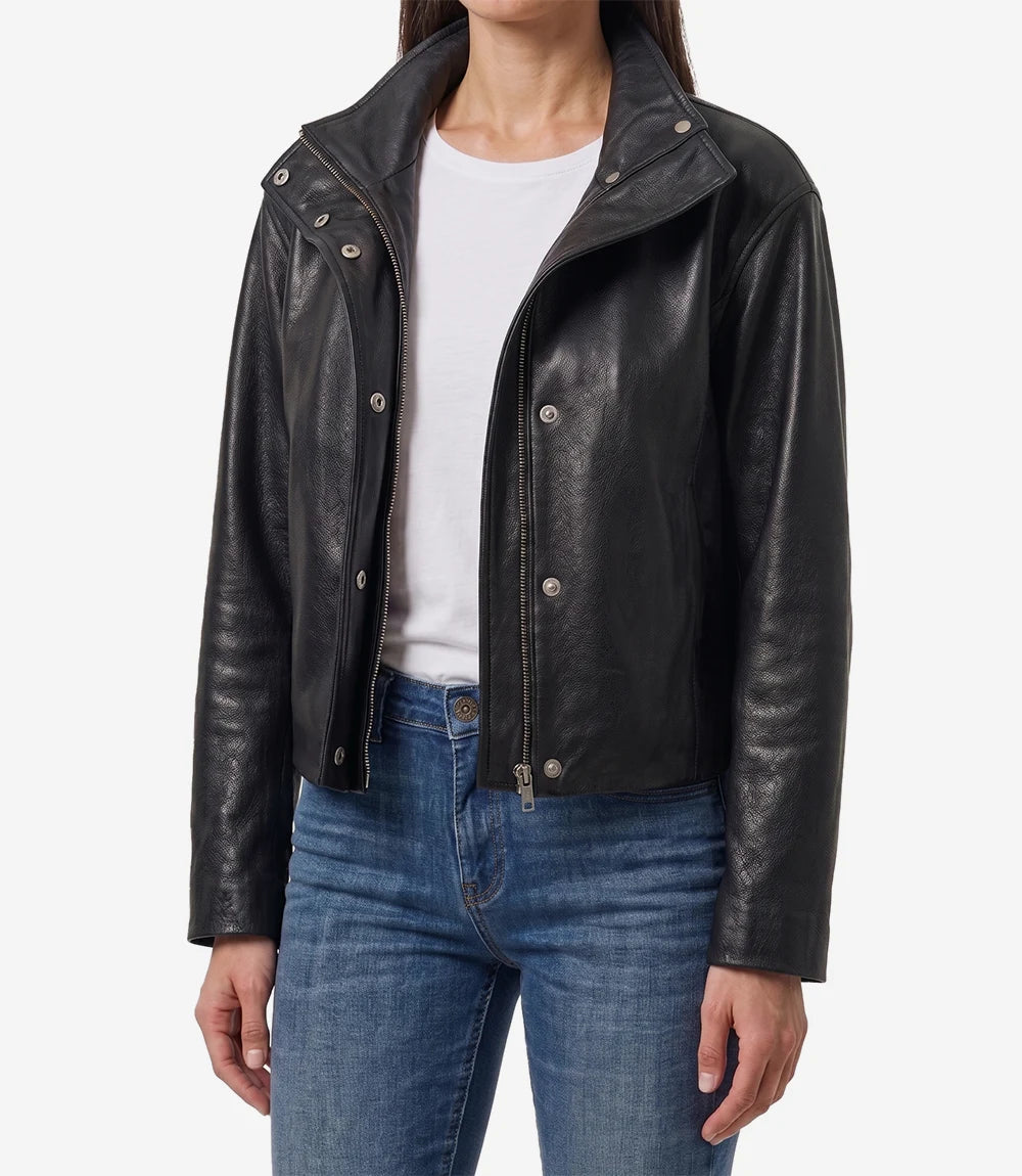 Women's Black Leather Jacket with Funnel Neck Design-Leather Jackets-Glompi-XS-Glompi