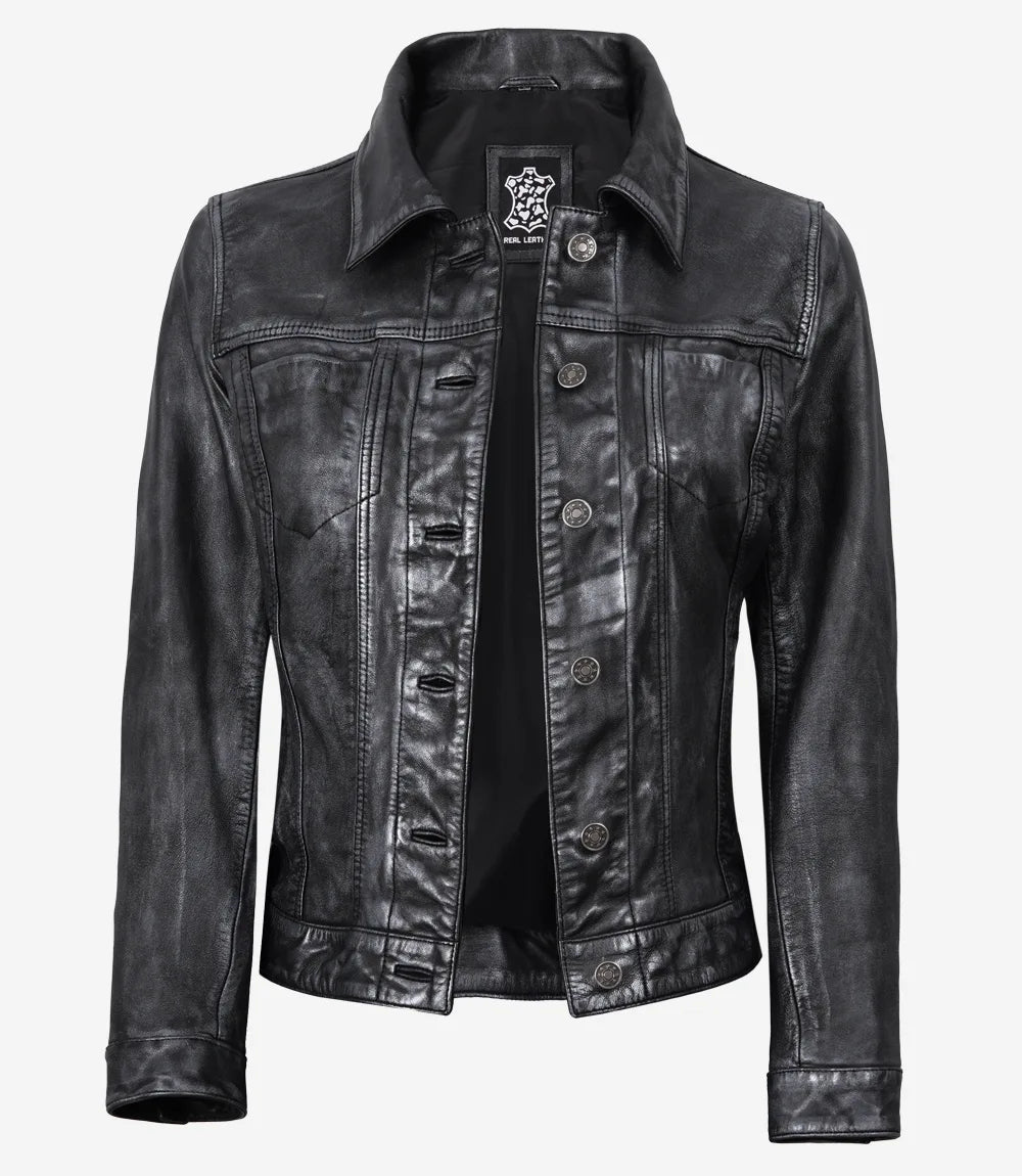 Womens Black Trucker Leather Jacket with Four Pockets-Leather Jackets-Glompi-Glompi
