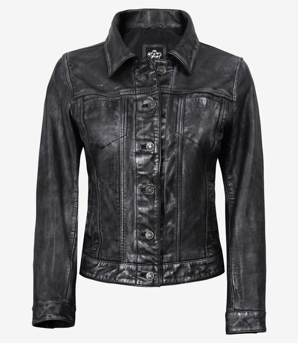 Womens Black Trucker Leather Jacket with Four Pockets-Leather Jackets-Glompi-Glompi