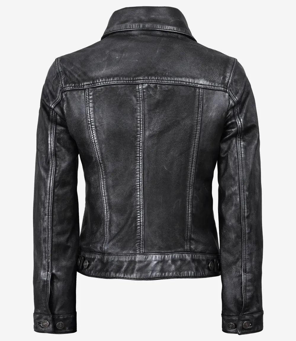 Womens Black Trucker Leather Jacket with Four Pockets-Leather Jackets-Glompi-Glompi