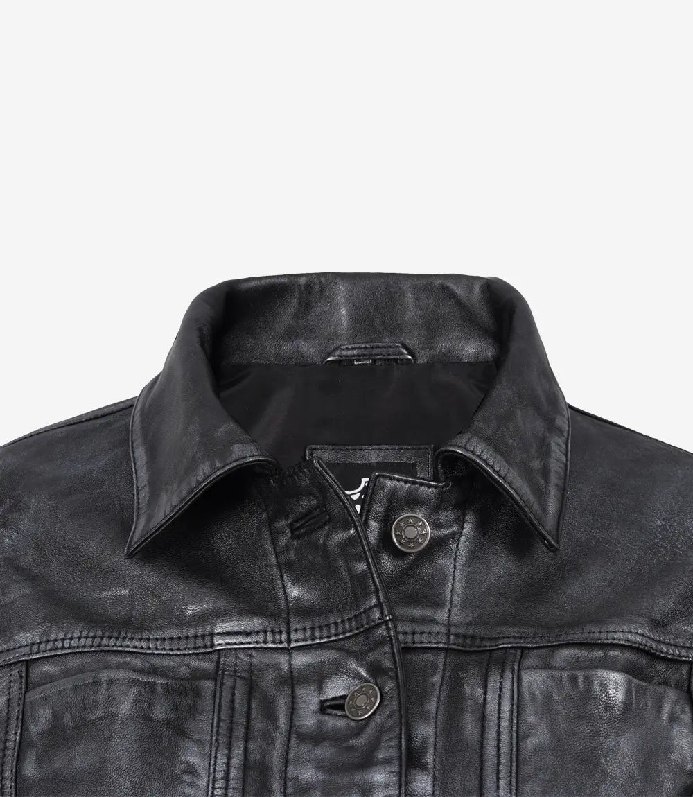 Womens Black Trucker Leather Jacket with Four Pockets-Leather Jackets-Glompi-Glompi