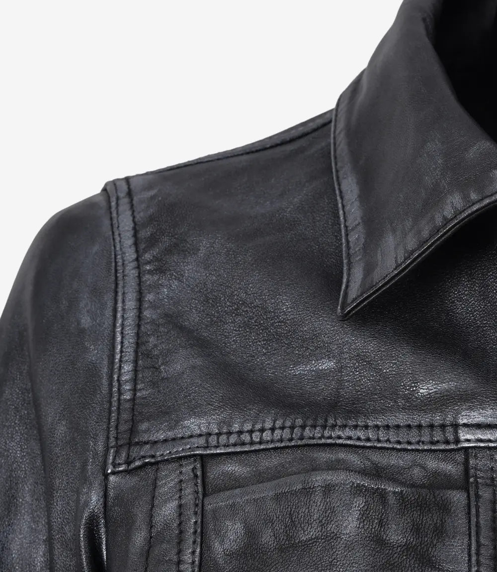 Womens Black Trucker Leather Jacket with Four Pockets-Leather Jackets-Glompi-Glompi