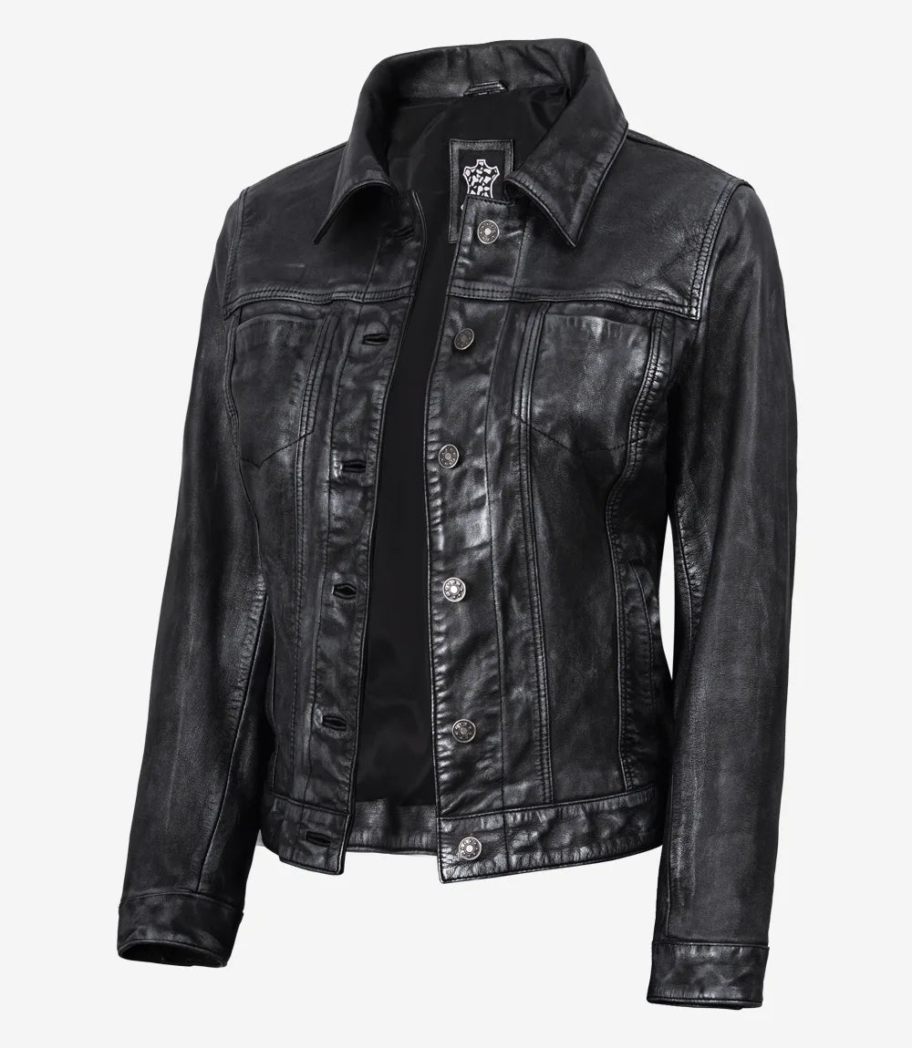 Womens Black Trucker Leather Jacket with Four Pockets-Leather Jackets-Glompi-XS-Glompi