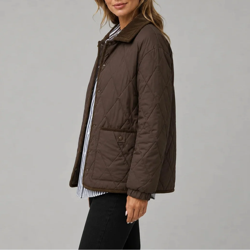 Women's Diamond Quilted Jacket with Corduroy Collar 1