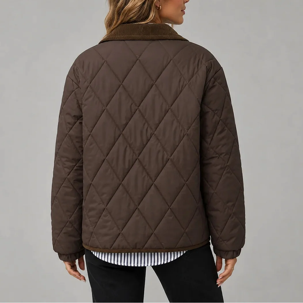 Women's Diamond Quilted Jacket with Corduroy Collar 2