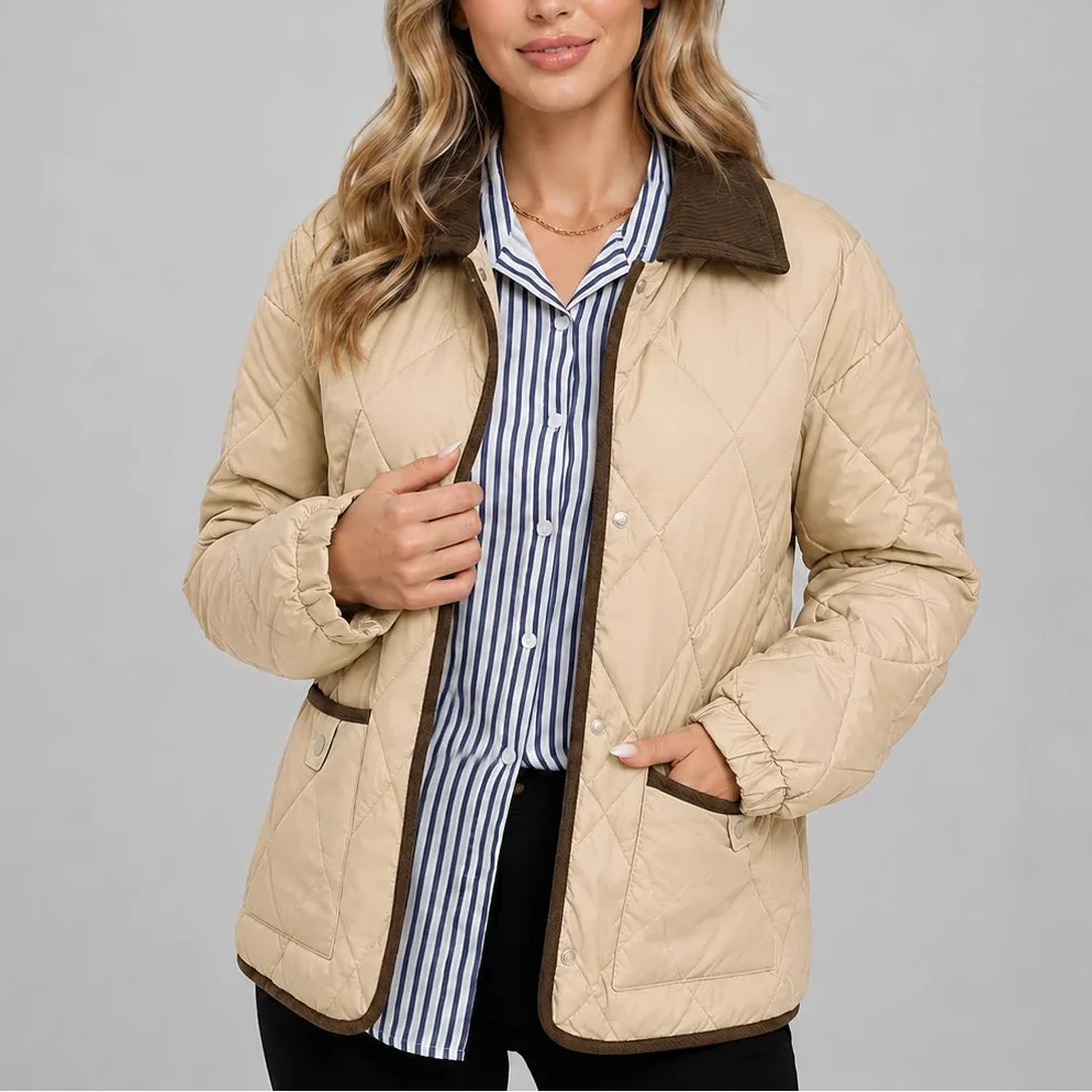 Women's Diamond Quilted Jacket with Corduroy Collar 4