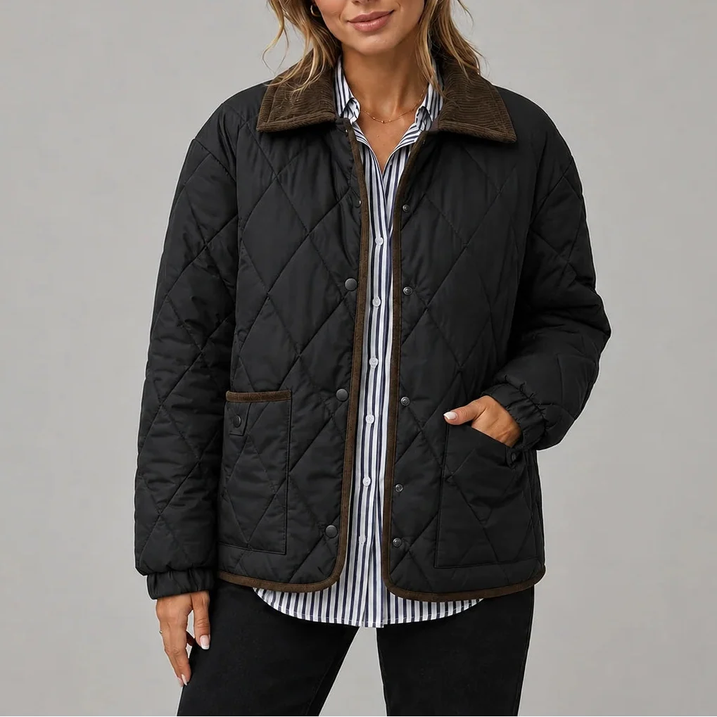 Women's Diamond Quilted Jacket with Corduroy Collar 5