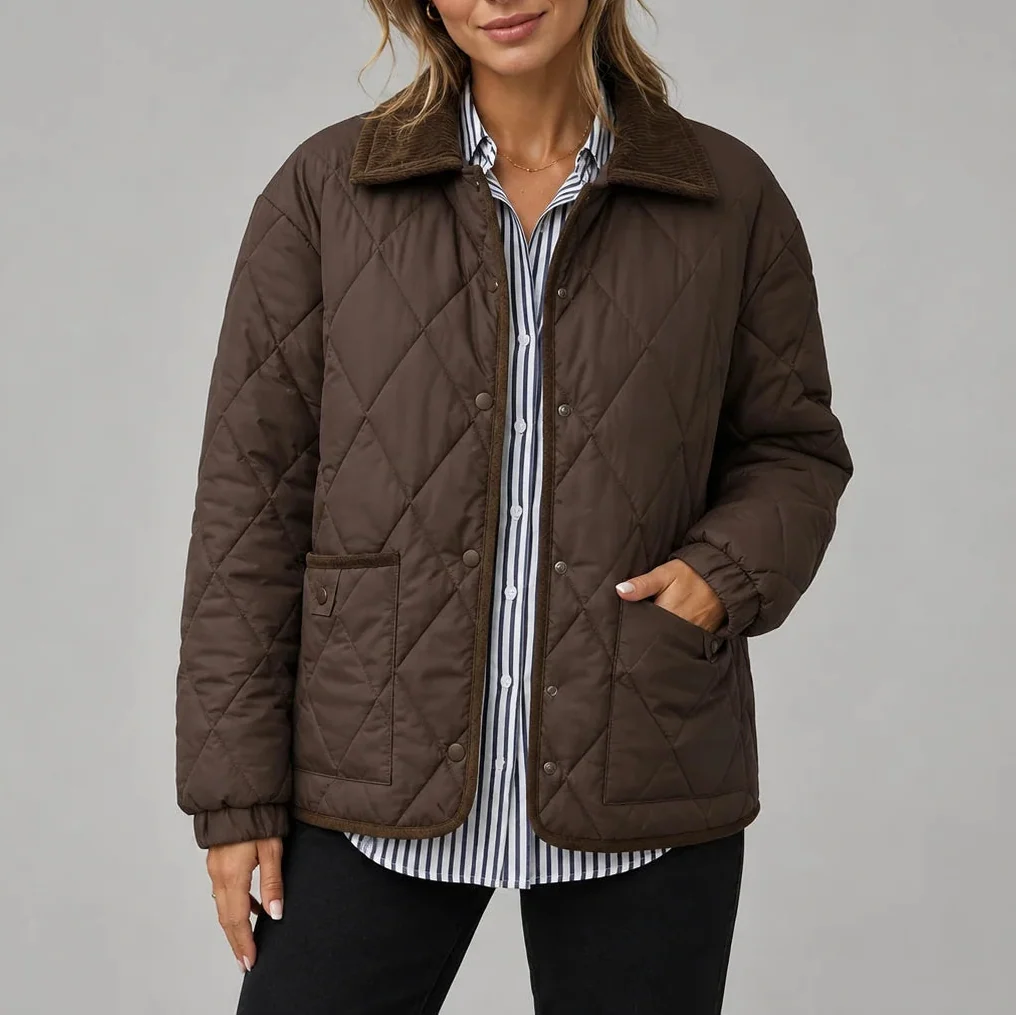 Women's Diamond Quilted Jacket with Corduroy Collar 0