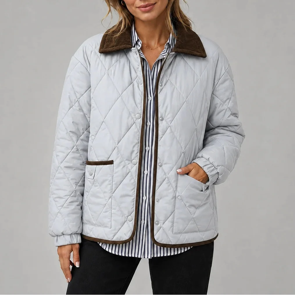 Women's Diamond Quilted Jacket with Corduroy Collar 8