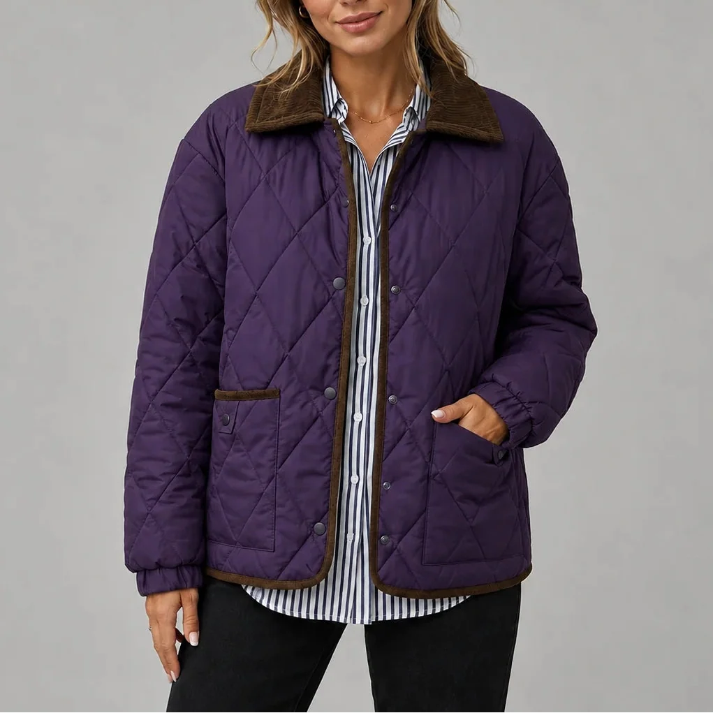 Women's Diamond Quilted Jacket with Corduroy Collar 6