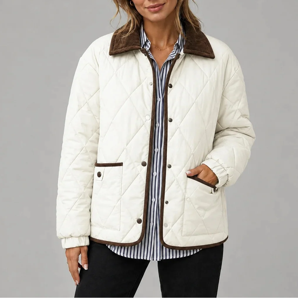 Women's Diamond Quilted Jacket with Corduroy Collar 7