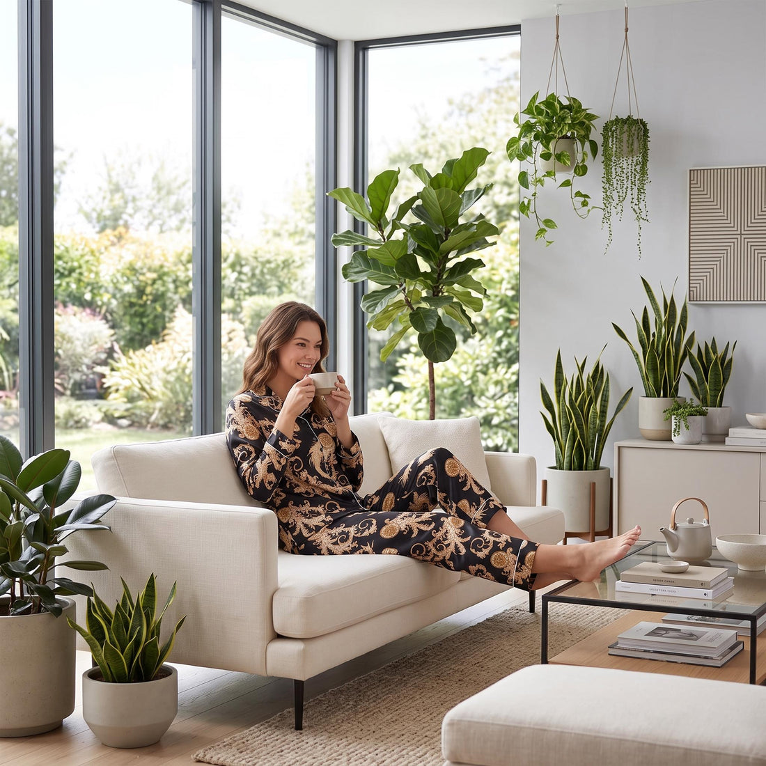 Woman wearing a black and gold dragon print mulberry silk pajama set with a notched collar by a window.