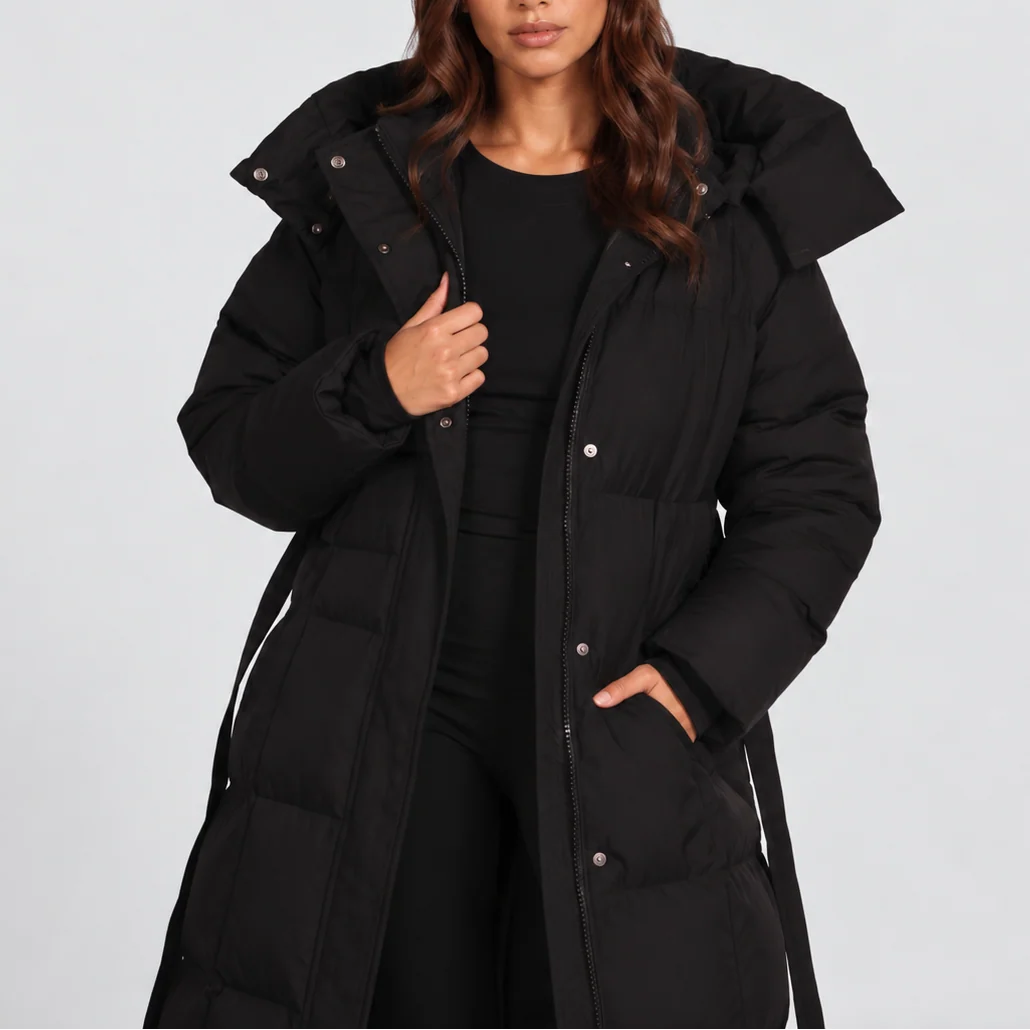 Women's Long Hooded Black Puffer Coat with Adjustable Belt 1