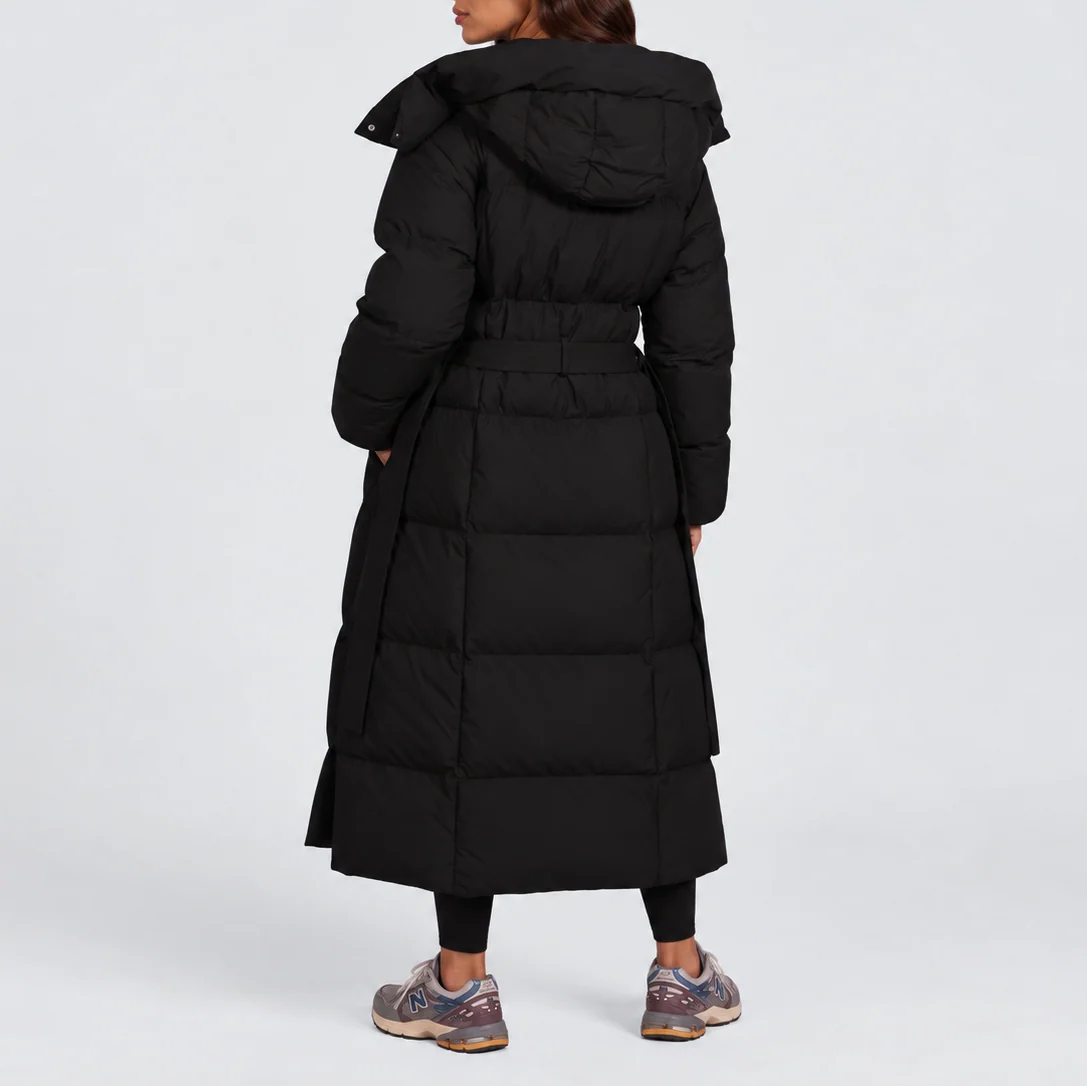 Women's Long Hooded Black Puffer Coat with Adjustable Belt 2