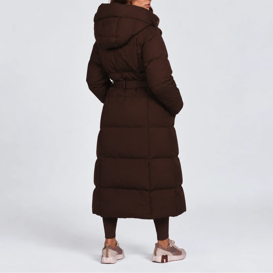Women's Long Hooded Black Puffer Coat with Adjustable Belt 4