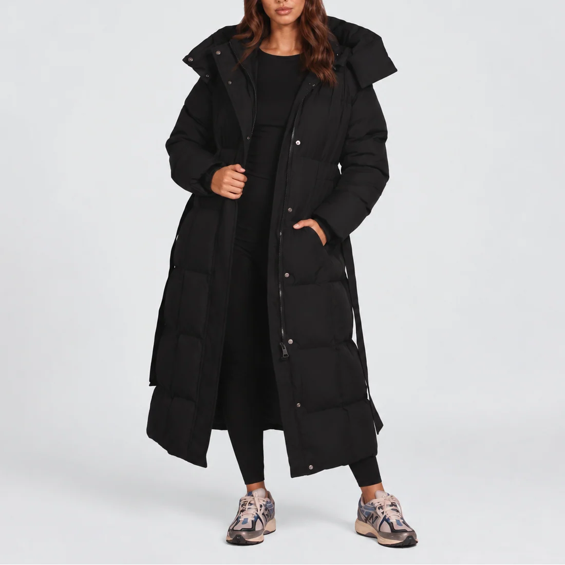 Women's Long Hooded Black Puffer Coat with Adjustable Belt 0