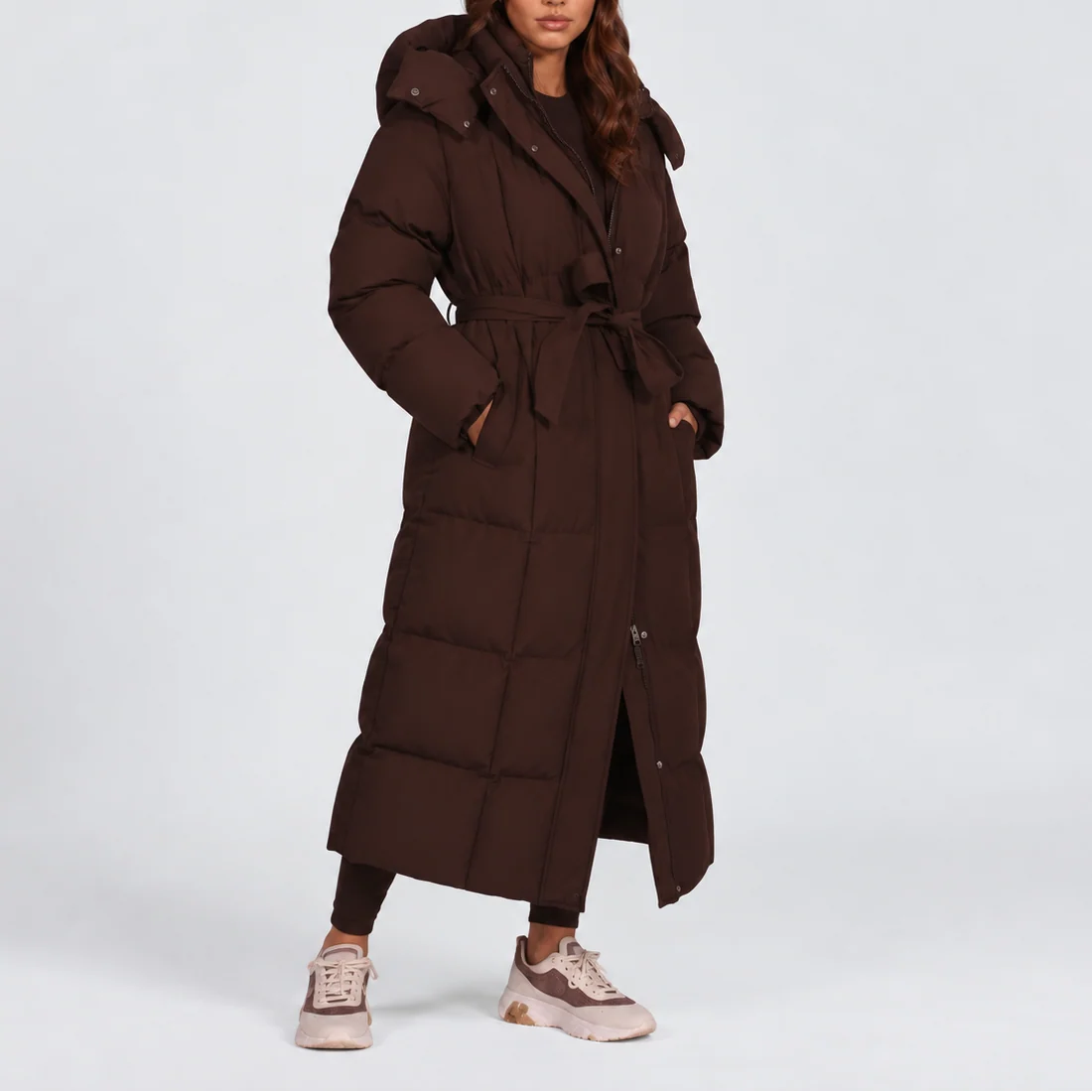 Women's Long Hooded Black Puffer Coat with Adjustable Belt 3