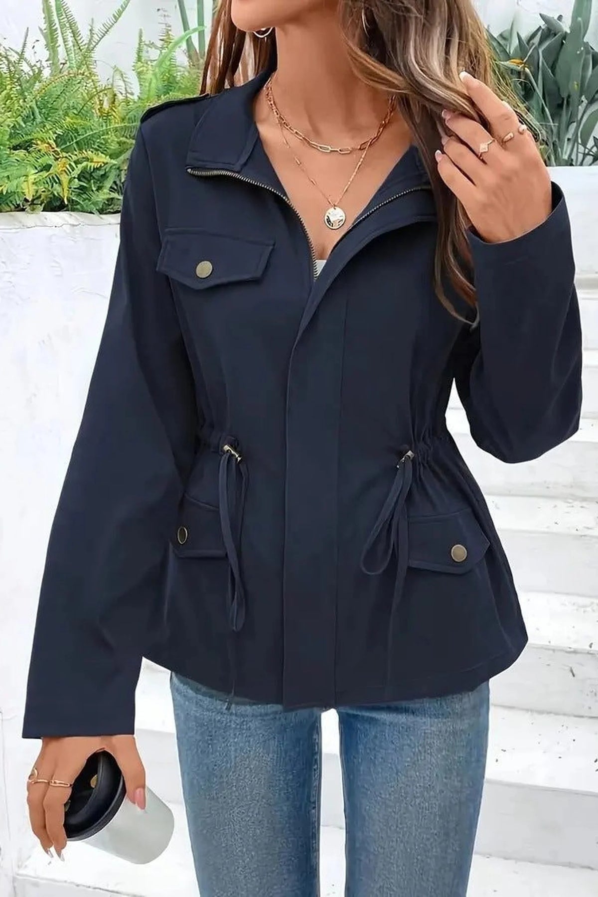 Women's Zip-Up Raincoat with Adjustable Waist 1