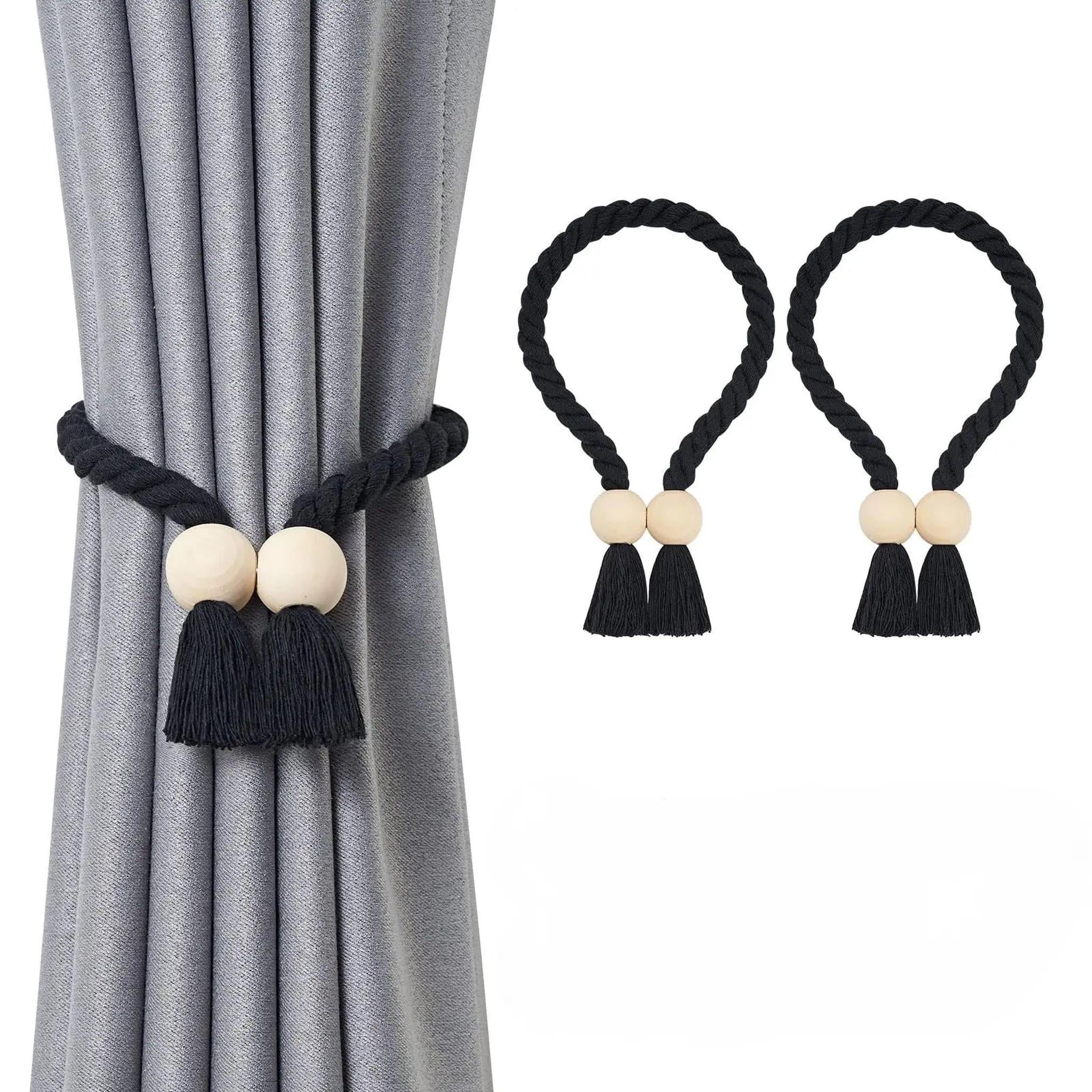Black braided rope magnetic curtain tiebacks with wooden beads and tassels.