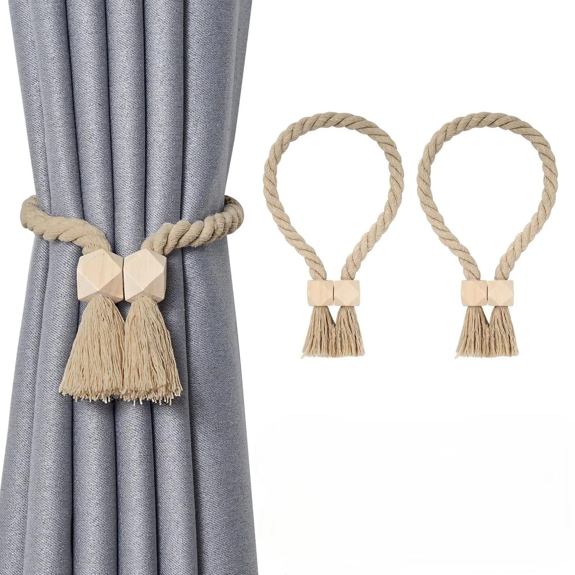 Magnetic cotton rope curtain tiebacks with wooden beads and tassels on a grey curtain.
