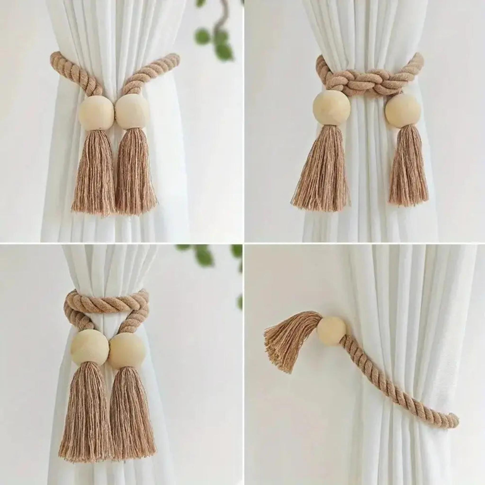 Boho wooden bead curtain tiebacks with brown cotton rope and tassels on white curtains.