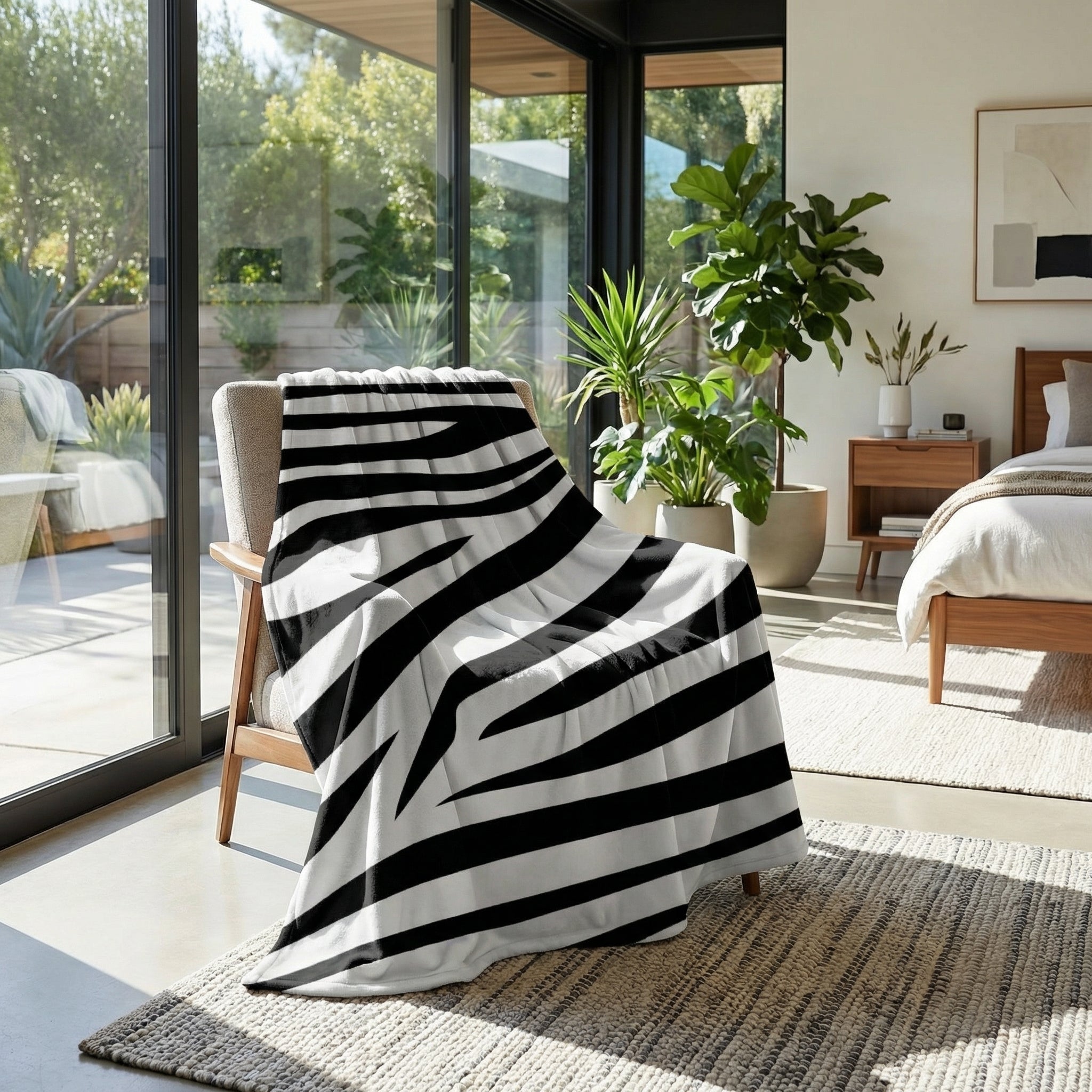 Black and white zebra pattern flannel blanket draped over a modern armchair in a bright room.