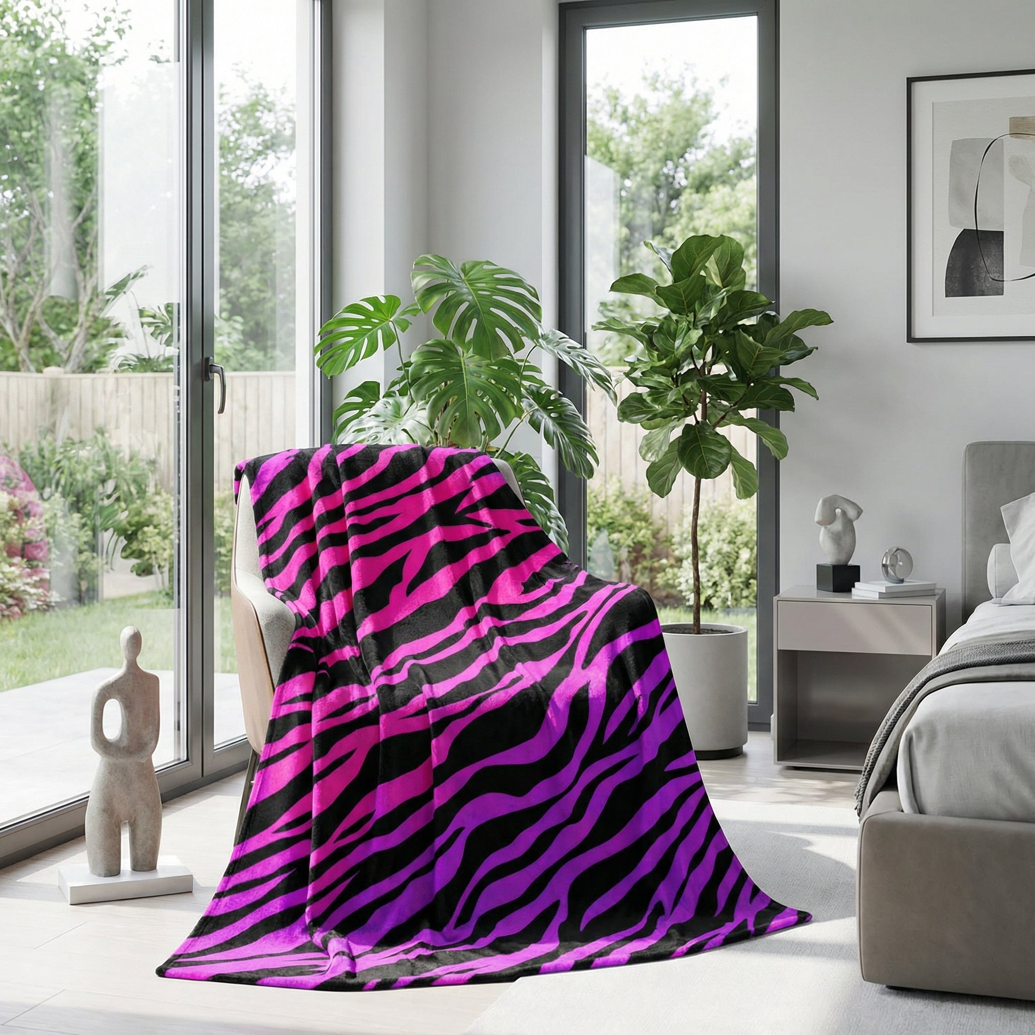 Vibrant pink and black zebra pattern flannel blanket draped over a chair in a modern room.