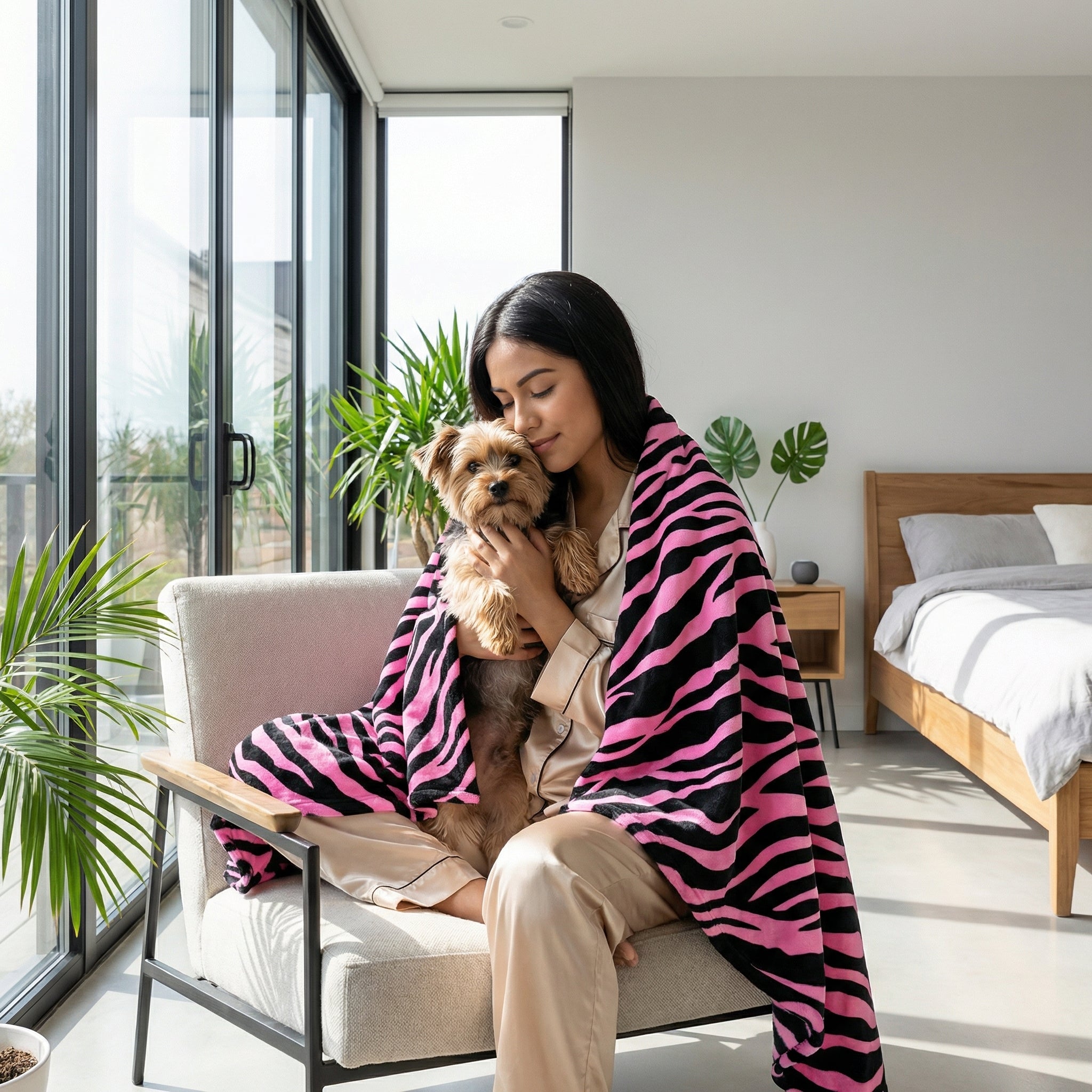 Woman in pajamas cuddling a small dog, wrapped in a soft pink and black zebra print flannel blanket.