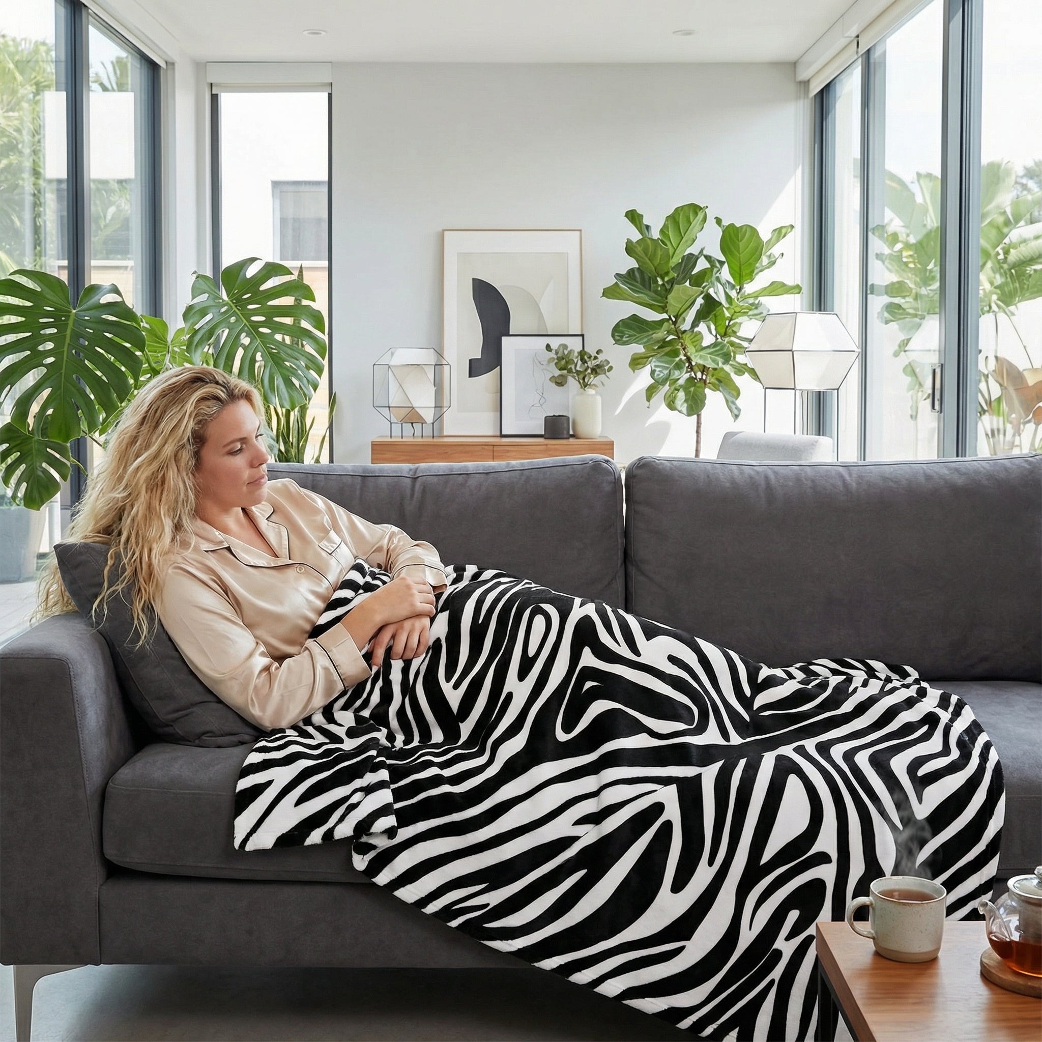 Woman relaxing on a gray sofa, covered by a soft black and white zebra pattern flannel blanket.