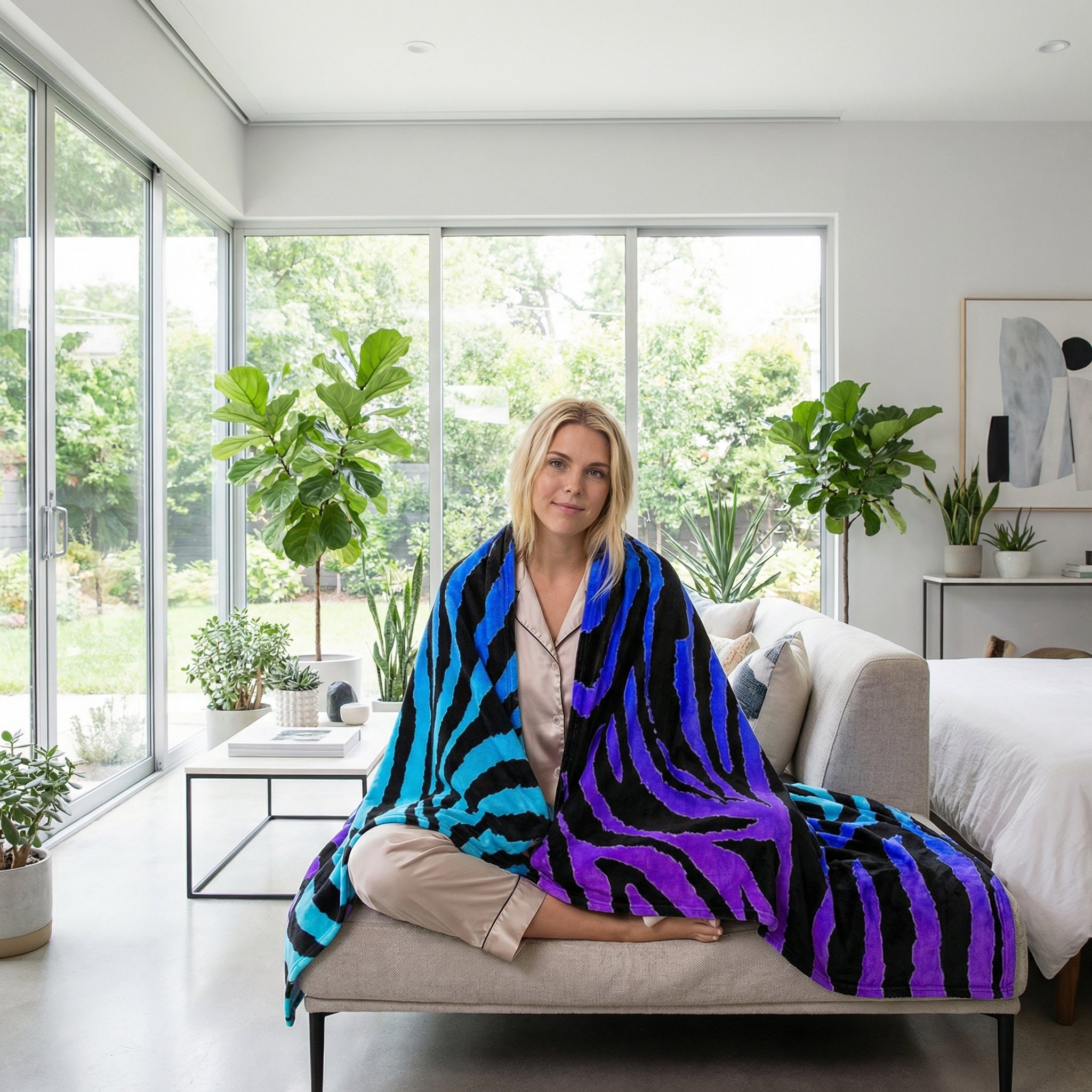 Blonde woman wrapped in a vibrant blue, purple, and black zebra pattern flannel blanket on a modern sofa.