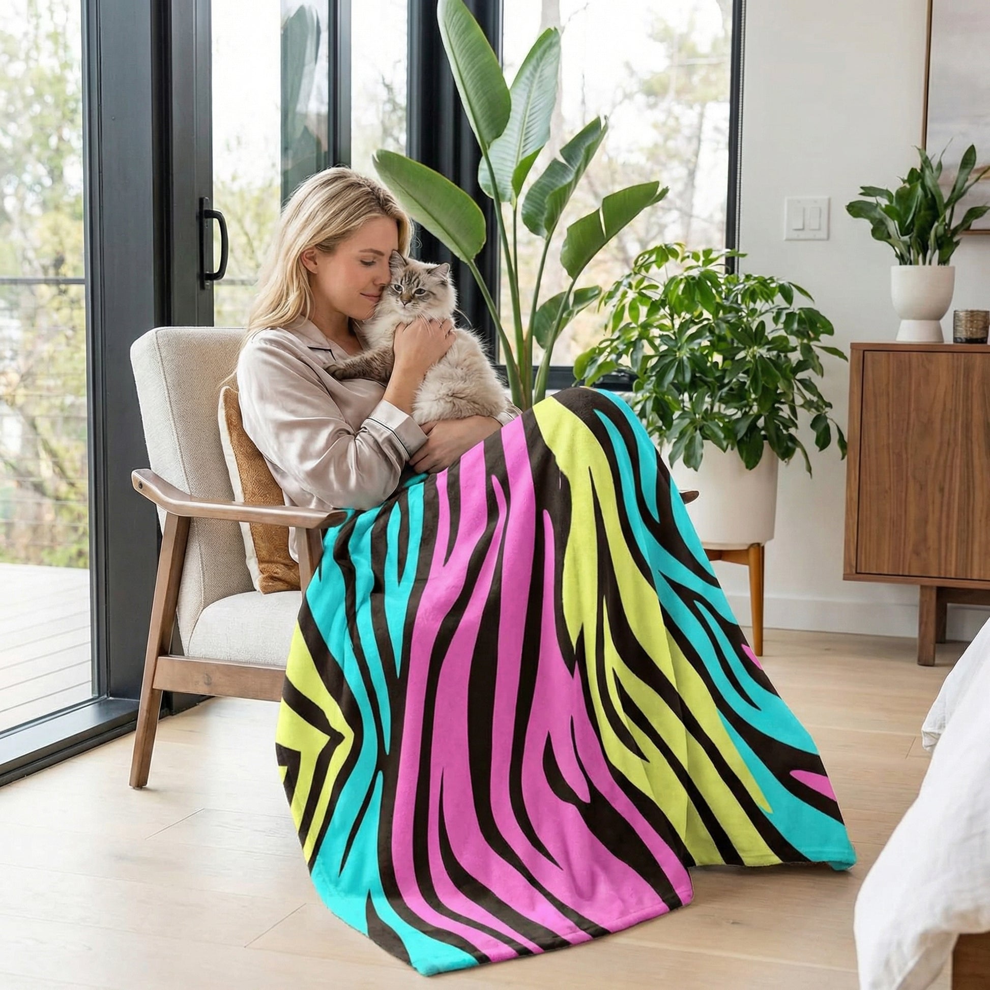 Woman cuddling a cat under a vibrant pink, yellow, and blue zebra pattern flannel blanket.