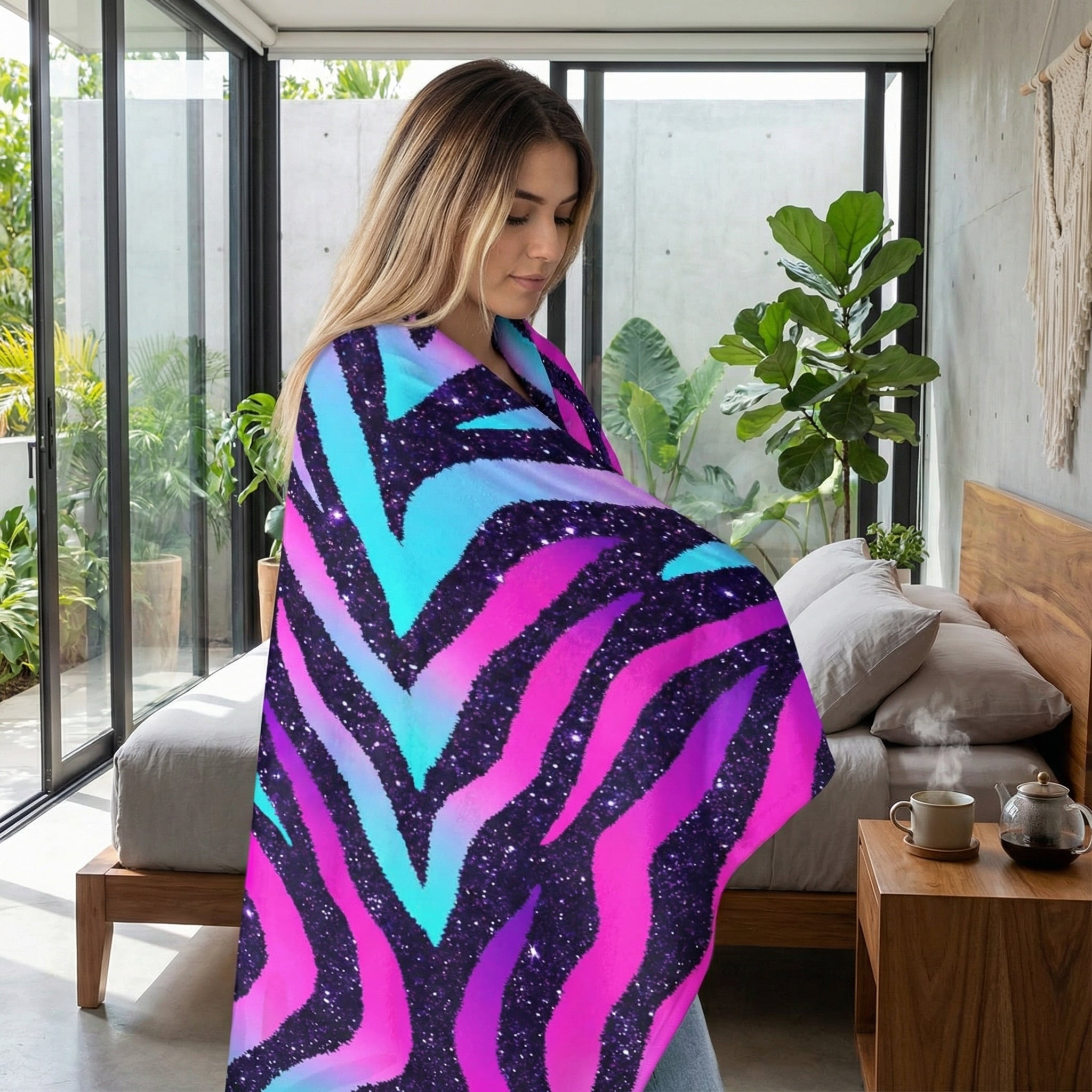 Woman wrapped in a vibrant purple, pink, and blue glittery zebra pattern flannel blanket in a modern bedroom.
